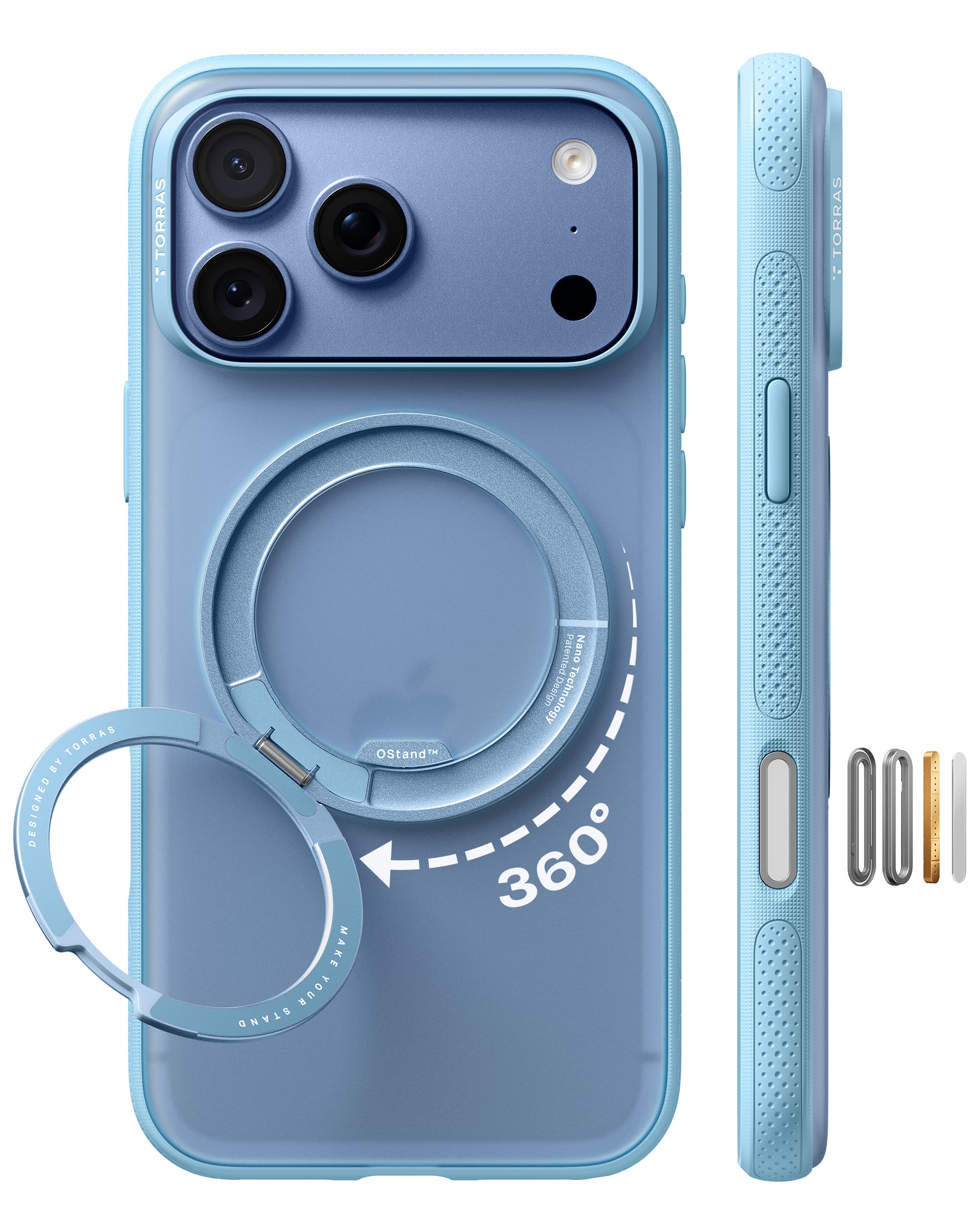 TORRAS iPhone 2026 Pro Max 用ケース 【カチカチ・多機能360度回転スタンド】リング Ostand O3 Fitness MagSafe対応 米軍MIL規格耐衝撃 スタンド 指紋防止 黄変防止 カメラコントロールボタン付き ストラップホール 半透明 撮影/動画視聴/日常の記録 手のひらサイズの映像革命 パウダー・ブルー