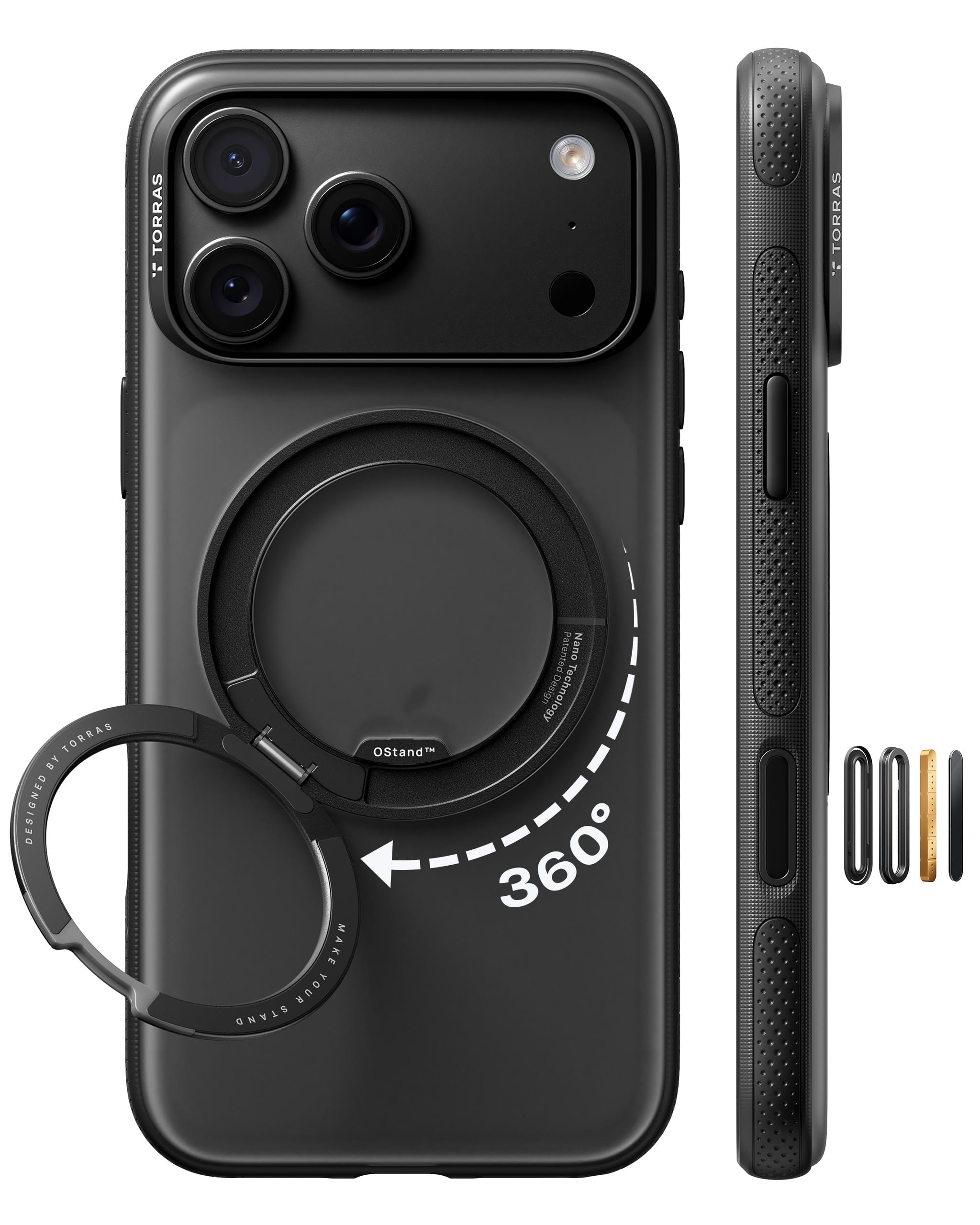 TORRAS iPhone 2026 Pro Max 用ケース 【カチカチ・多機能360度回転スタンド】リング Ostand O3 Fitness MagSafe対応 米軍MIL規格耐衝撃 スタンド 指紋防止 黄変防止 カメラコントロールボタン付き ストラップホール 半透明 撮影/動画視聴/日常の記録 手のひらサイズの映像革命 ブラック