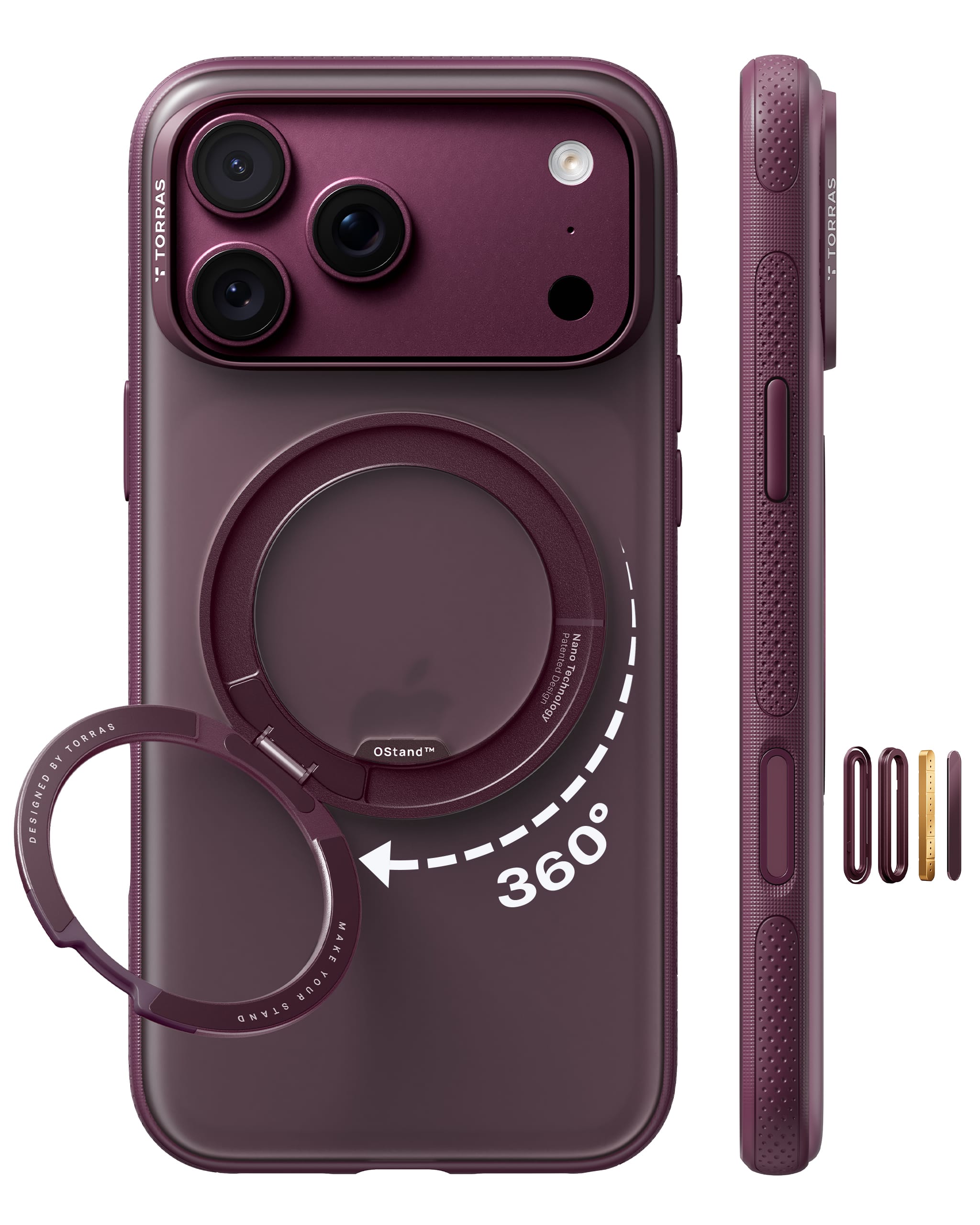 TORRAS iPhone 2026 Pro 用ケース 【カチカチ・多機能360度回転スタンド】リング Ostand O3 Fitness MagSafe対応 米軍MIL規格耐衝撃 スタンド 指紋防止 黄変防止 カメラコントロールボタン付き ストラップホール 半透明 撮影/動画視聴/日常の記録 手のひらサイズの映像革命 パープル