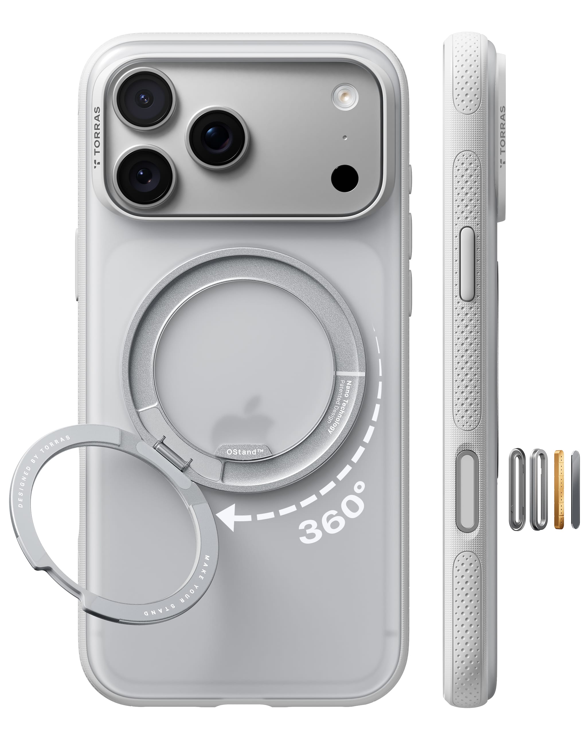 TORRAS iPhone 2026 Pro 用ケース 【カチカチ・多機能360度回転スタンド】リング Ostand O3 Fitness MagSafe対応 米軍MIL規格耐衝撃 スタンド 指紋防止 黄変防止 カメラコントロールボタン付き ストラップホール 半透明 撮影/動画視聴/日常の記録 手のひらサイズの映像革命 純白・ホワイト