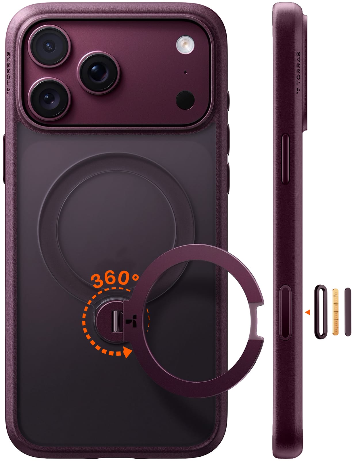 TORRAS iPhone 2026 Pro 用 ケース【多機能一体・360°新定点回転スタンド】 Magsafe対応 【Ostand Q3 Spin】高耐久性 耐衝撃 ゼンマイ式スタンド リング 縦横両対応 マグネット搭載 急速充電対応 指紋防止 パープル