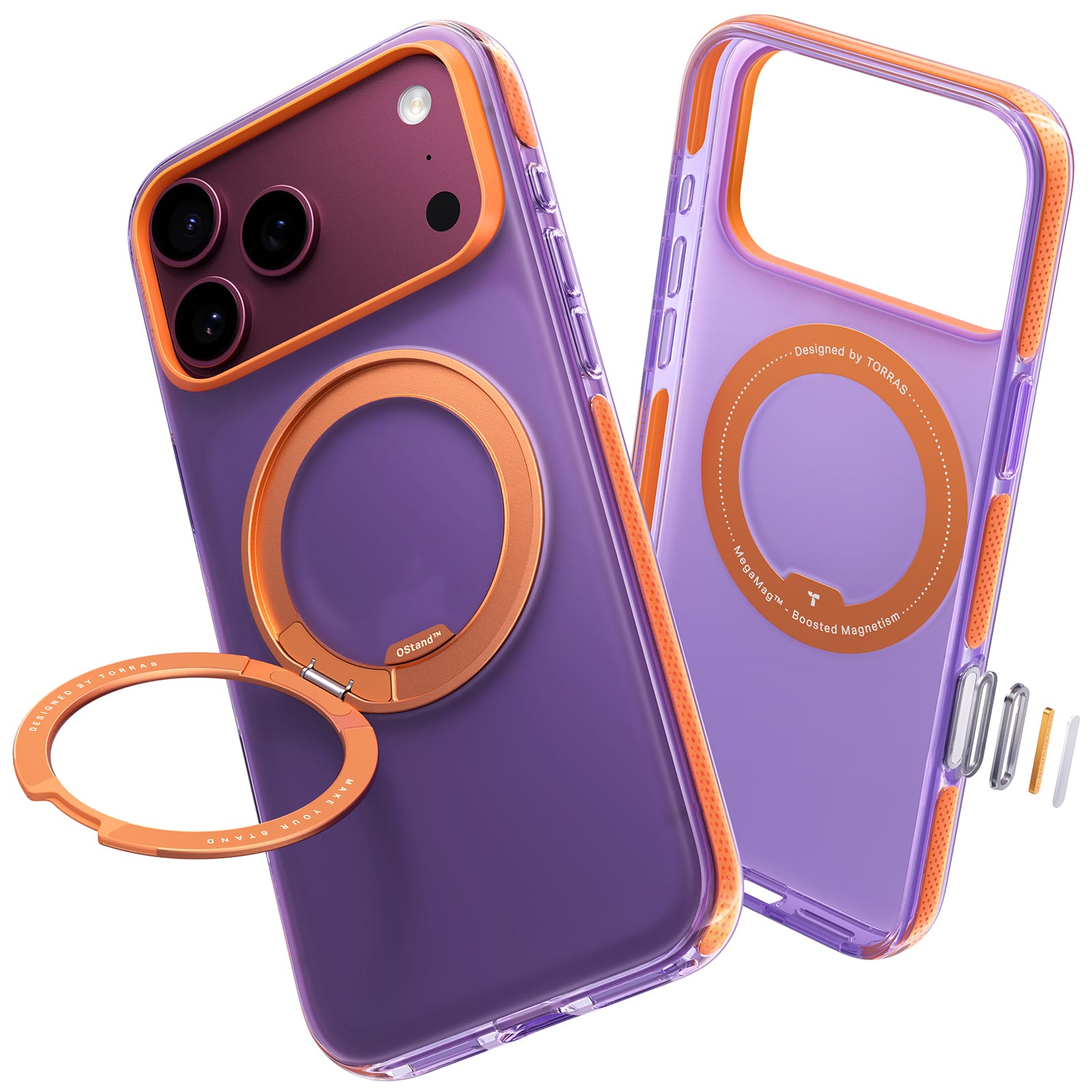 TORRAS iphone 2026 Pro 用ケース 【カラーアクセント・複合高分子耐衝撃バンパー】リング Ostand O3 Hue MagSafe対応 米軍MIL規格耐衝撃 スタンド 指紋防止 カメラコントロールボタン付き ストラップホール 透明 撮影/動画視聴/日常の記録 手のひらサイズの映像革命