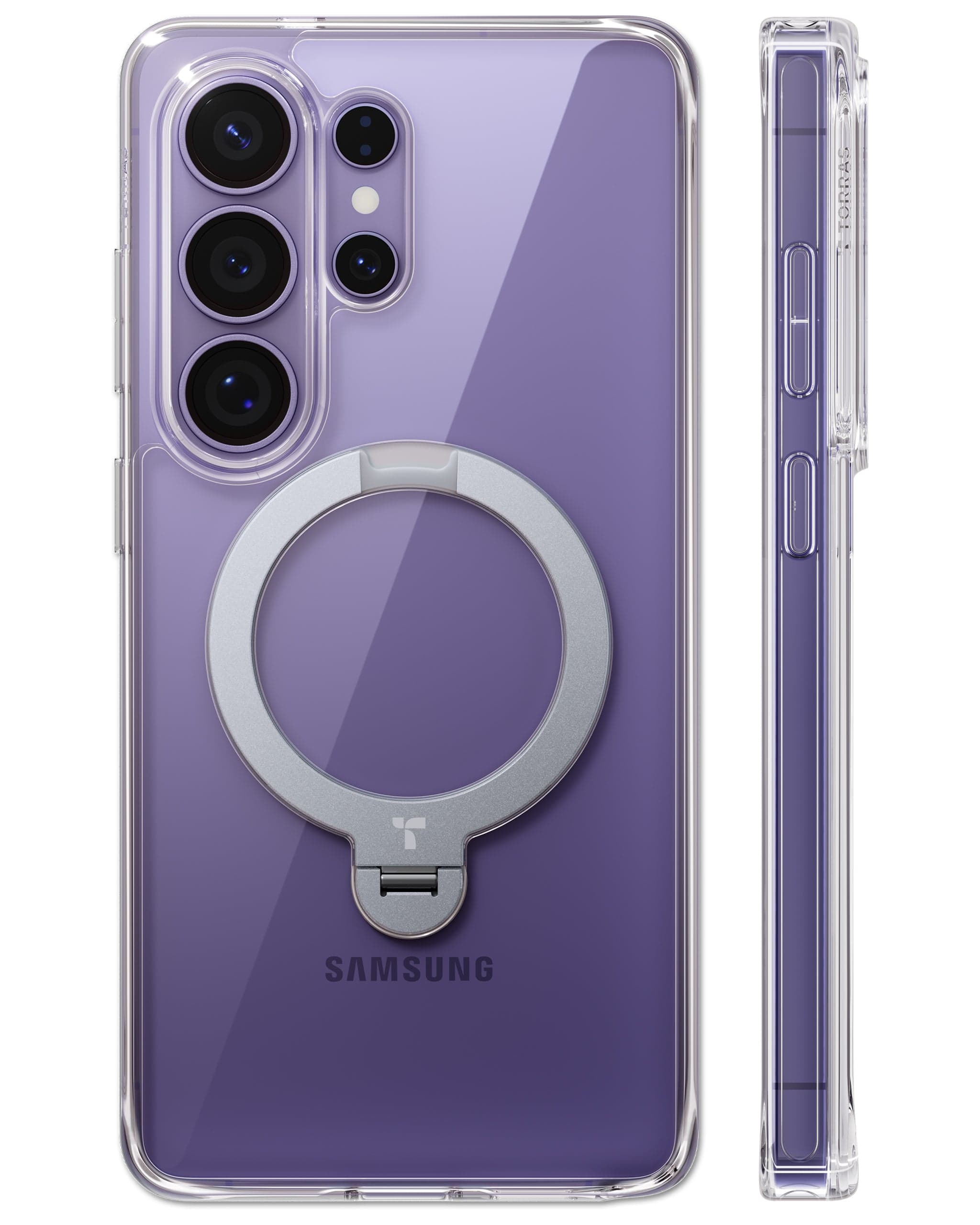 TORRAS Samsung Galaxy S26 Ultra 用 ケース Ostand Q3 Spin 360°定点回転 ゼンマイ式 スタンド クリア Magsafe対応 3倍米軍MIL規格 指紋防止 耐衝撃 16N マグネット付き 透明 黄ばみ防止 カメラコントロールボタン付き ストラップホール付き S26 Ultra 用 ケース