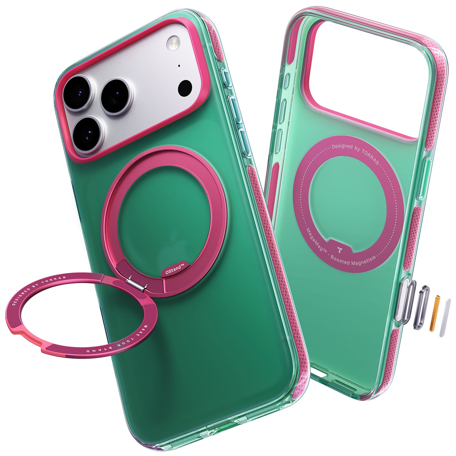TORRAS iphone 2026 Pro 用ケース 【カラーアクセント・複合高分子耐衝撃バンパー】リング Ostand O3 Hue マグセーフ対応 米軍MIL規格耐衝撃 スタンド 指紋防止 黄変防止 カメラコントロールボタン付き ストラップホール 透明 撮影/動画視聴/日常の記録 手のひらサイズの映像革命