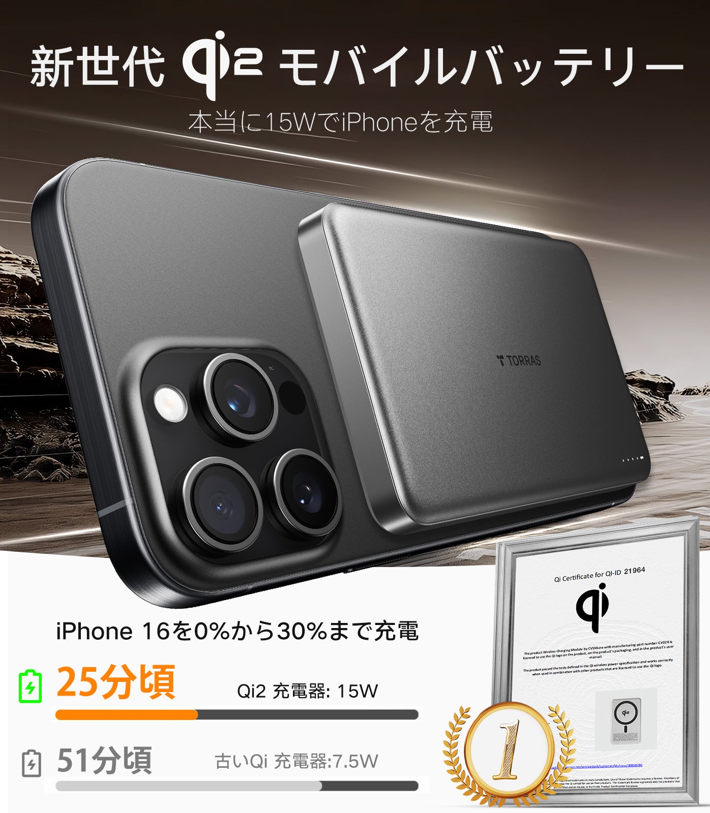 10000mAh Go-Minimag Qi2認証済 軽量小型 モバイルバッテリー