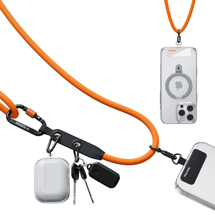 LoopGo Clasp オレンジ色の多目的ストラップで、カラビナ付き。携帯電話、鍵、AirPodsに対応。