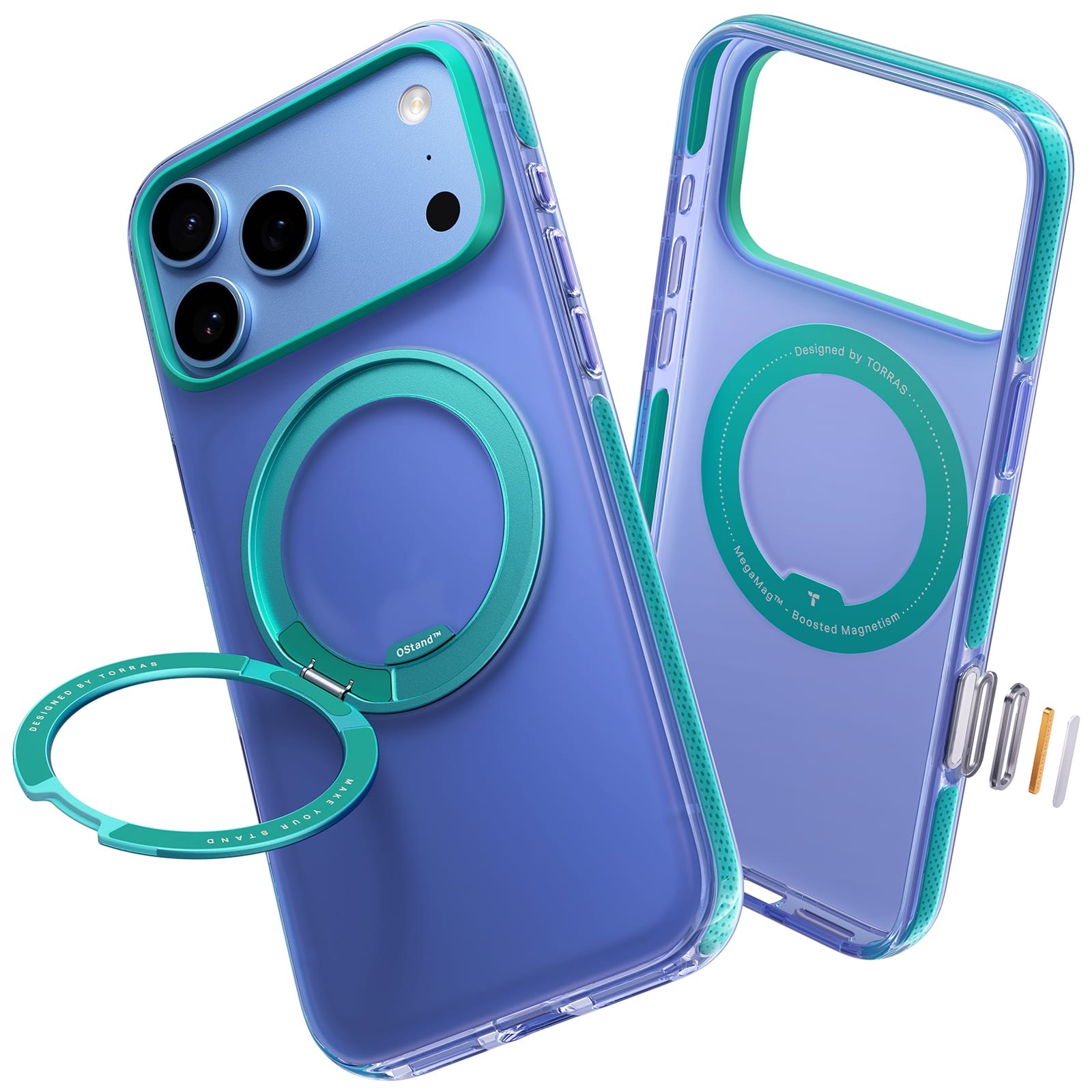 TORRAS iphone 2026 Pro 用ケース 【カラーアクセント・複合高分子耐衝撃バンパー】リング Ostand O3 Hue マグセーフ対応 米軍MIL規格耐衝撃 スタンド 指紋防止 黄変防止 カメラコントロールボタン付き ストラップホール 透明 撮影/動画視聴/日常の記録 手のひらサイズの映像革命