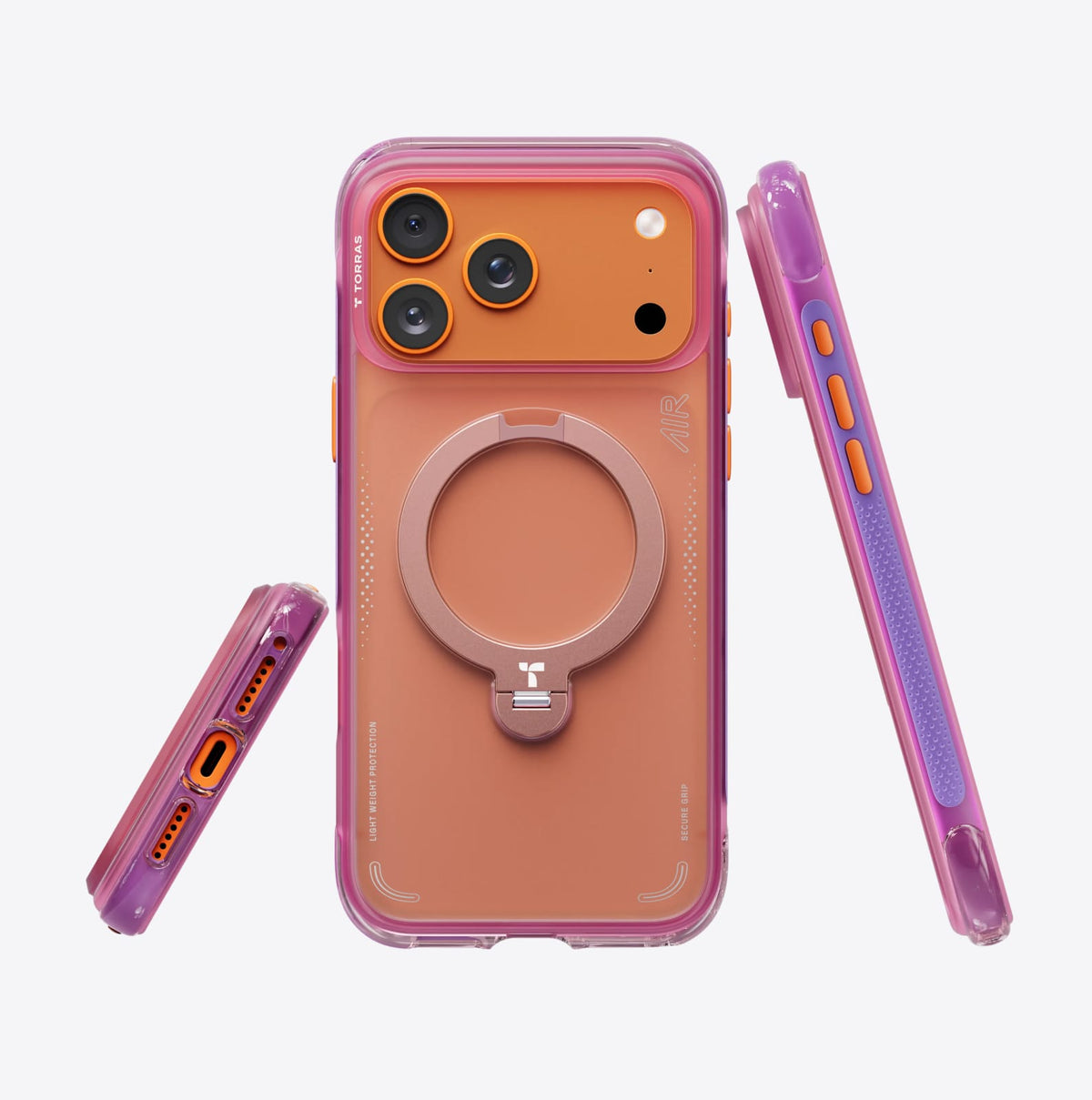 TORRAS Ostand Q3 Air ケース iPhone 18 Pro/Pro Max 対応、ピンクのクリアケースにランヤードと別アープが付属したアクセサリースタイリング。