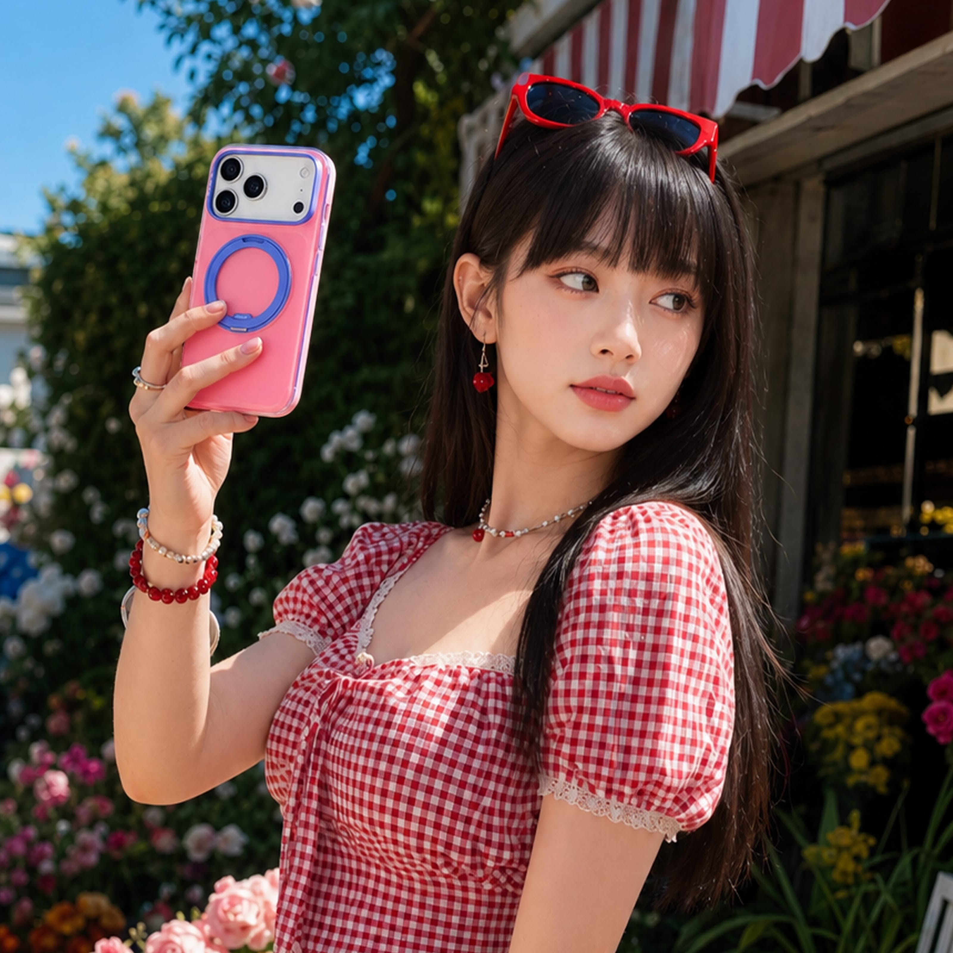 TORRAS Ostand O3 Hue ケース iPhone 18 Pro/Pro Max 対応、ピンクのギンガムチェックのワンピース姿の女性が屋外でケースを持つポートレート。
