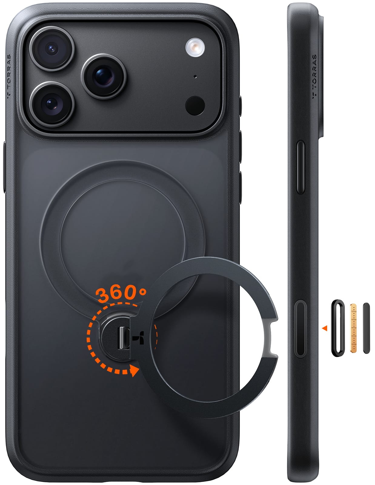 TORRAS iPhone 2026 Pro Max 用 ケース【多機能一体・360°新定点回転スタンド】 Magsafe対応 【Ostand Q3 Spin】高耐久性 耐衝撃 ゼンマイ式スタンド リング 縦横両対応 マグネット搭載 急速充電対応 指紋防止 ブラック