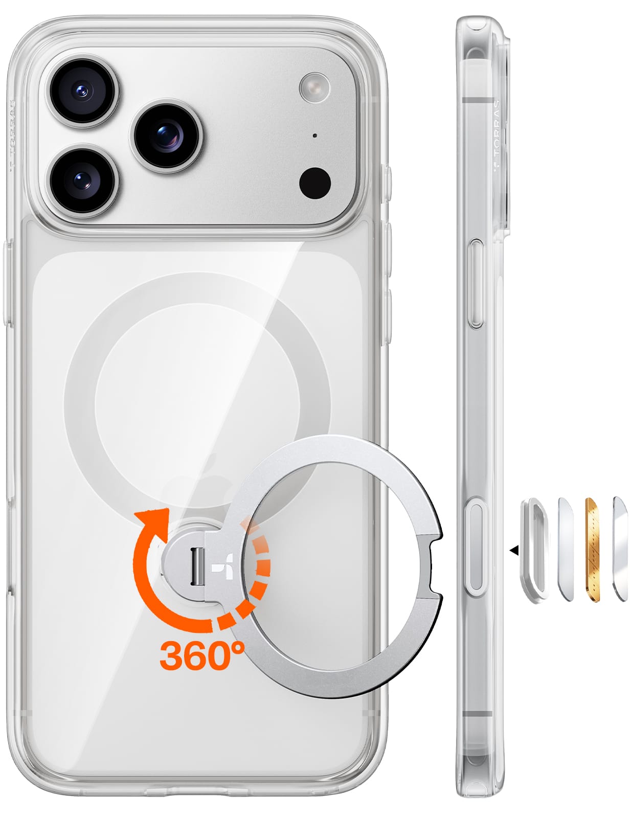 TORRAS iPhone 2026 Pro 用 ケース【多機能一体・360°新定点回転スタンド】 Magsafe対応 【Ostand Q3 Spin】高耐久性 耐衝撃 ゼンマイ式スタンド リング 縦横両対応 マグネット搭載 急速充電対応 指紋防止 クリア