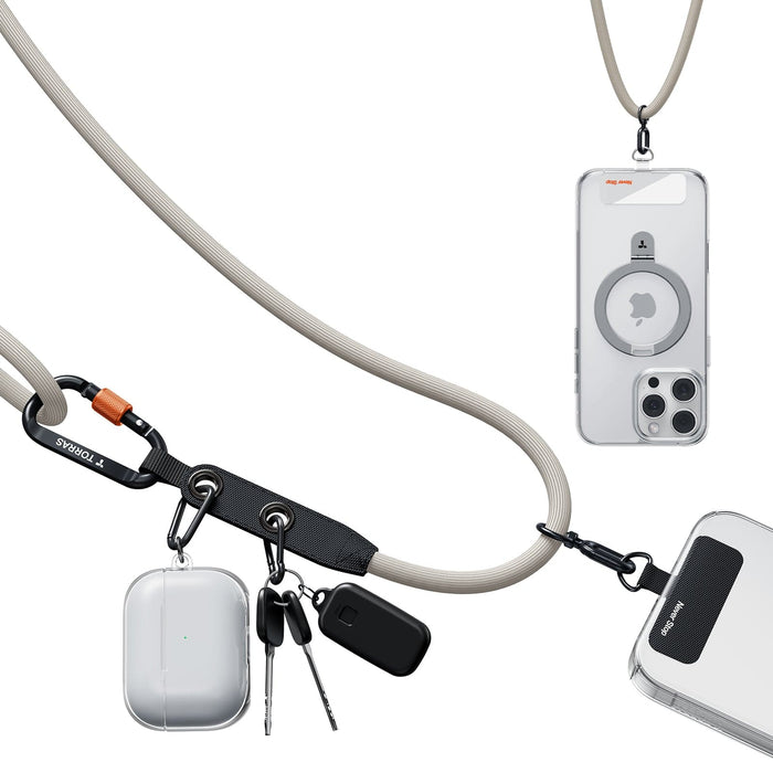 LoopGo Clasp ベージュの多目的ストラップホルダーで、TORRAS カラビナ付き。携帯電話、AirPods、鍵に対応。