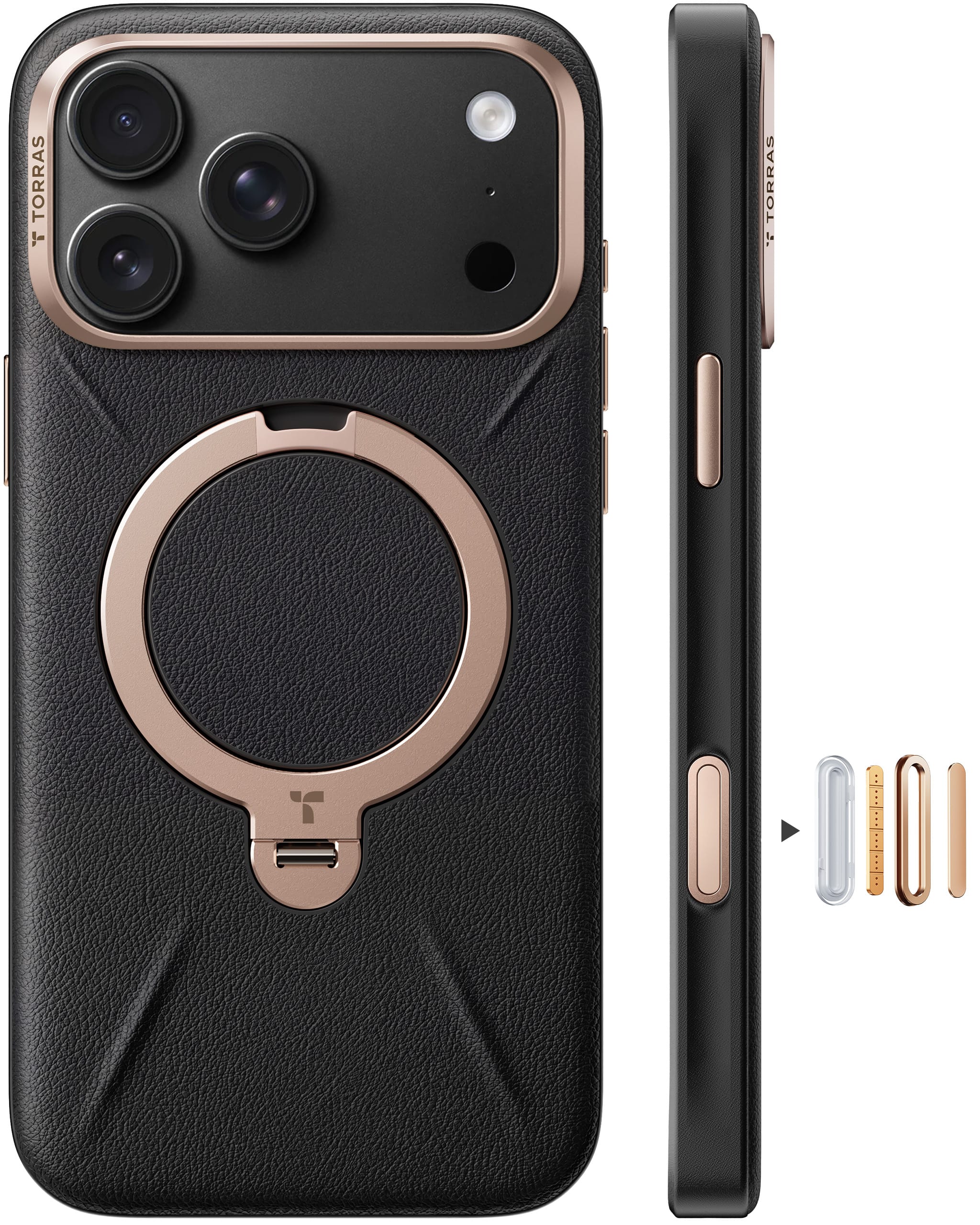 TORRAS iPhone 2026 Pro 用 ケース【新感覚レザー・スキンタッチ】Ostand Q3 レザートーン MagSafe対応 リング スタンド 360°定点回転 縦横両対応 マグネット搭載 革 カメラコントロールボタン 米軍規格 耐衝撃 指紋防止 こくよう・ブラック