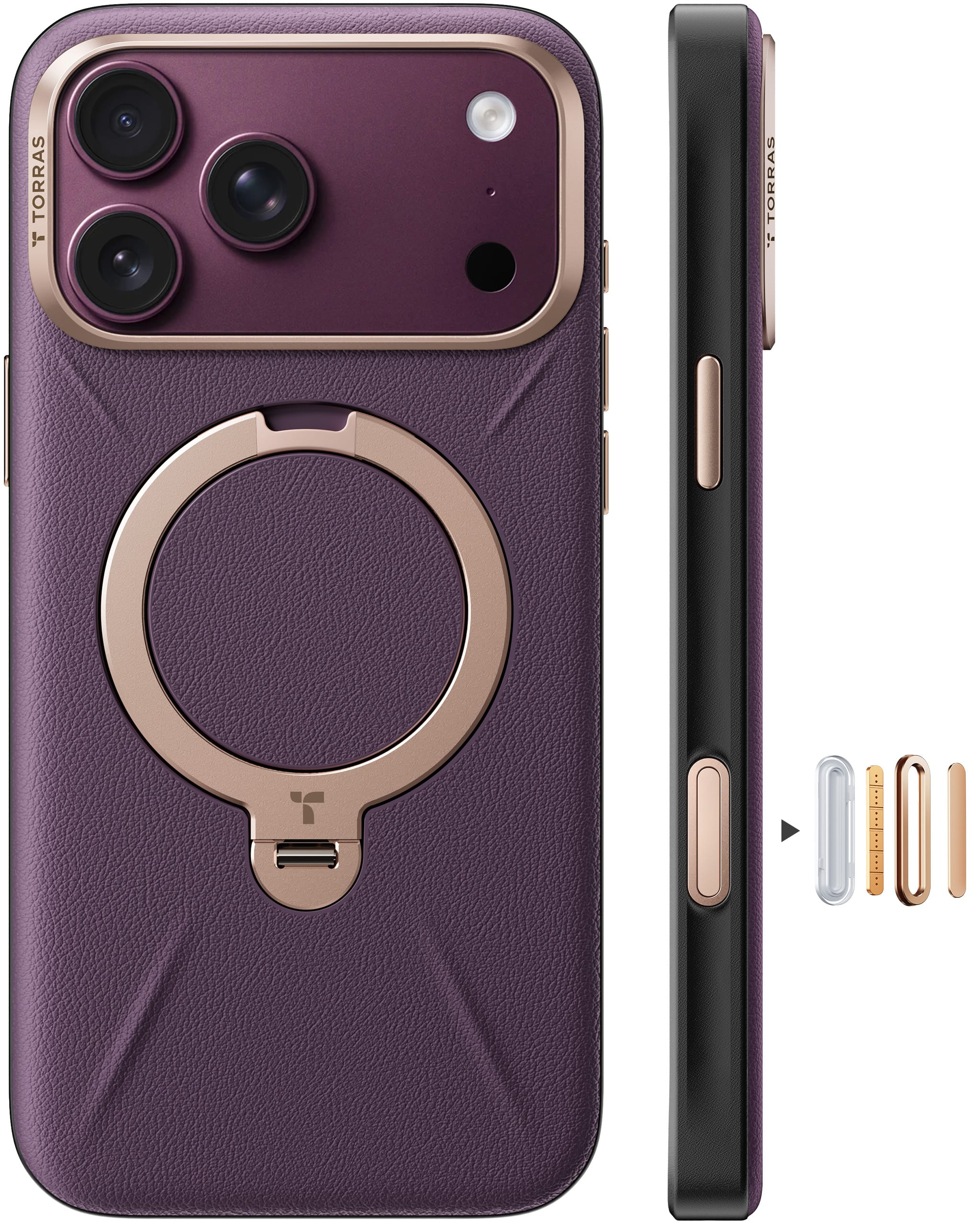 TORRAS iPhone 2026 Pro 用 ケース【新感覚レザー・スキンタッチ】Ostand Q3 レザートーン MagSafe対応 リング スタンド 360°定点回転 縦横両対応 マグネット搭載 革 カメラコントロールボタン 米軍規格 耐衝撃 指紋防止 パープル