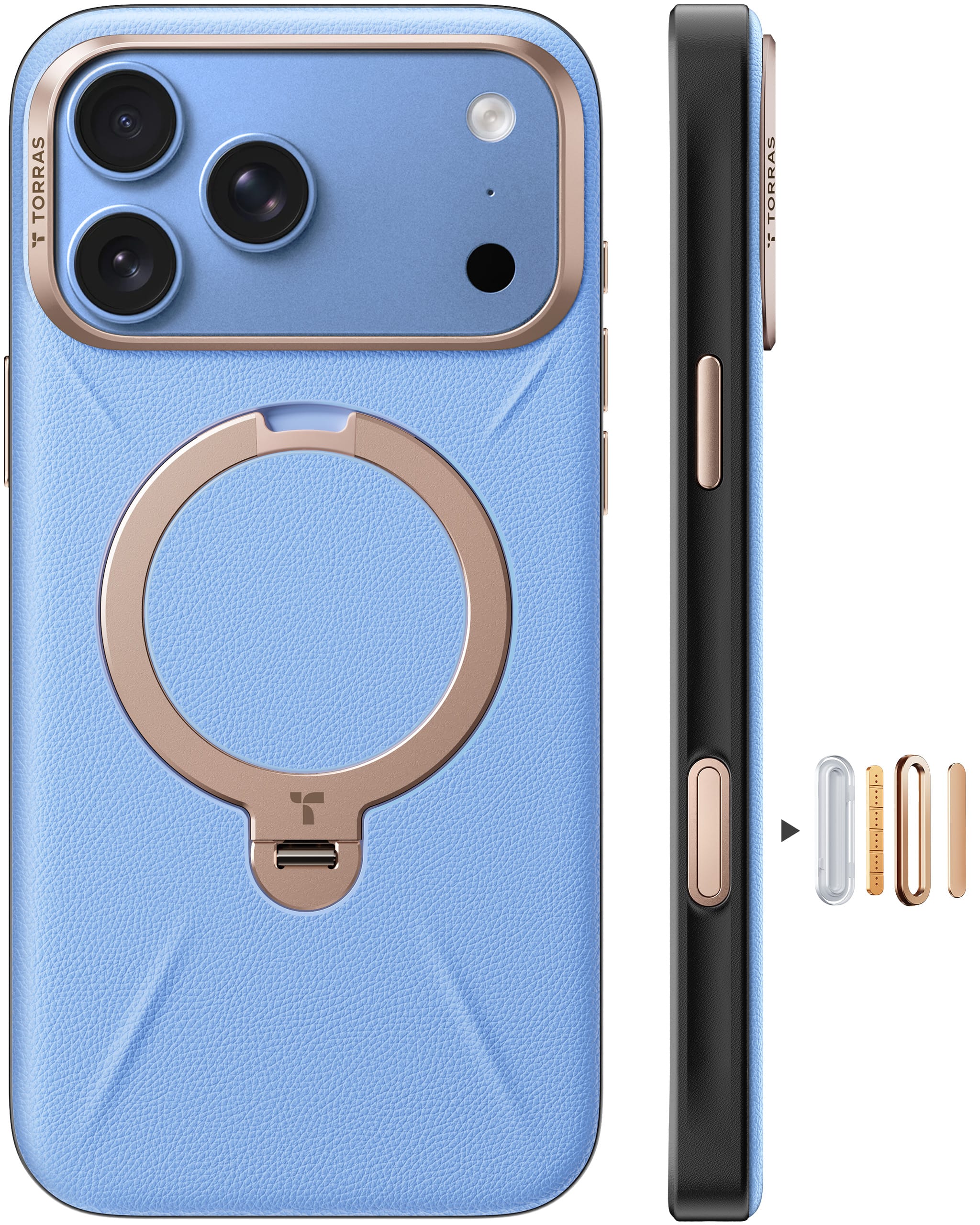 TORRAS iPhone 2026 Pro Max 用 ケース【新感覚レザー・スキンタッチ】Ostand Q3 レザートーン MagSafe対応 リング スタンド 360°定点回転 縦横両対応 マグネット搭載 革 カメラコントロールボタン 米軍規格 耐衝撃 指紋防止 ブルー