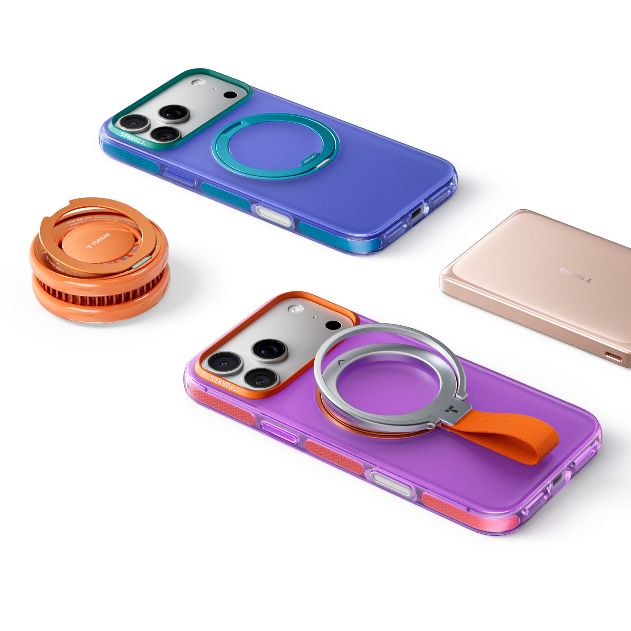TORRAS Ostand O3 Hue ケース iPhone 18 Pro/Pro Max 対応、グリーン、オレンジ、パープルの3色ケースがランヤード付きで並ぶ展開。