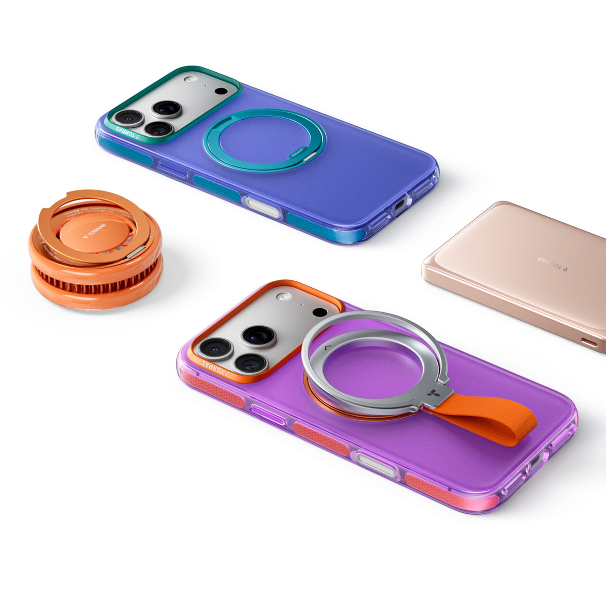TORRAS Ostand O3 Hue ケース iPhone 18 Pro/Pro Max 対応、グリーン、オレンジ、パープルの3色ケースがランヤード付きで並ぶ展開。