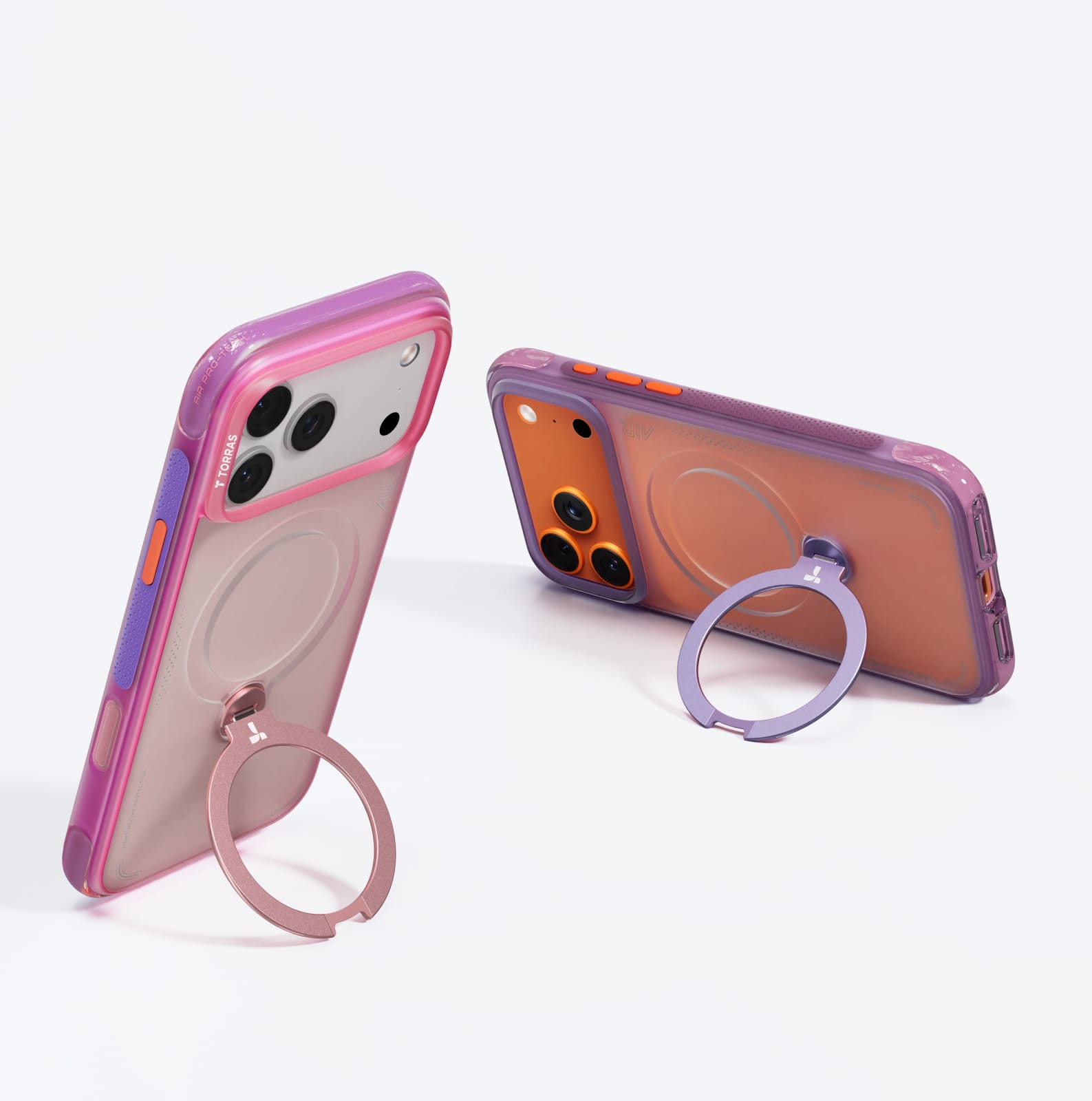TORRAS Ostand Q3 Air ケース iPhone 18 Pro/Pro Max 対応、ピンクとパープルの2色ケースが並ぶバリエーション展開。