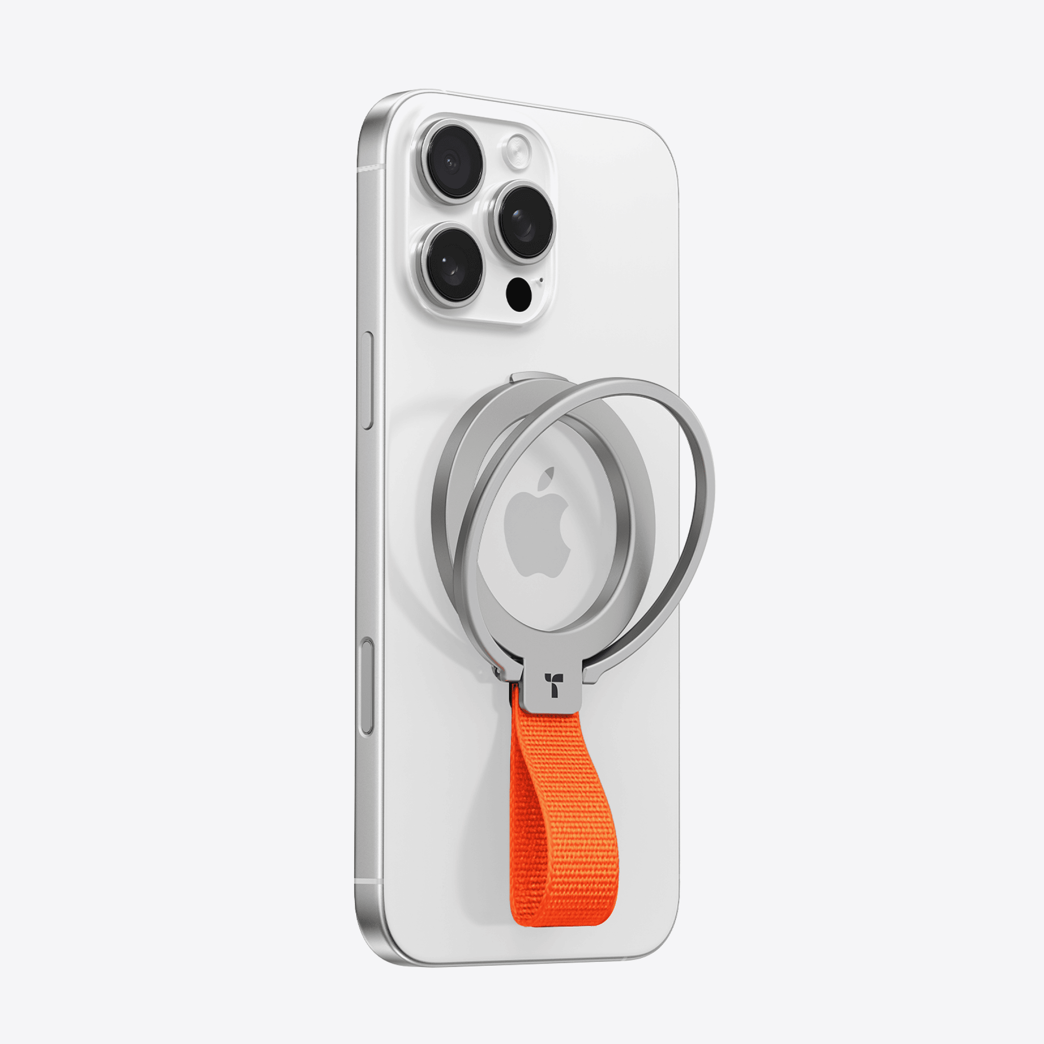 オレンジ色のストラップ付きシルバーOmniRing磁気スマートフォンリング（ホワイトiPhone用）