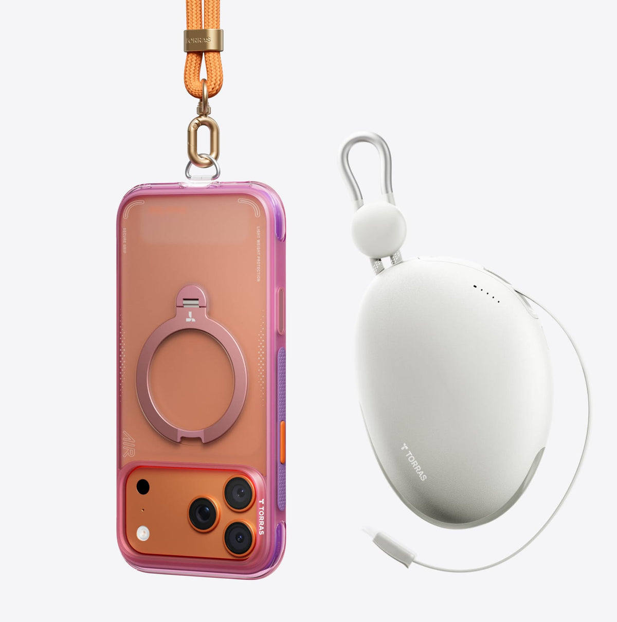 TORRAS Ostand Q3 Air ケース iPhone 18 Pro/Pro Max 対応、ピンクのクリアケースにAirPodsケースとランヤードが付属したライフスタイルシーン。