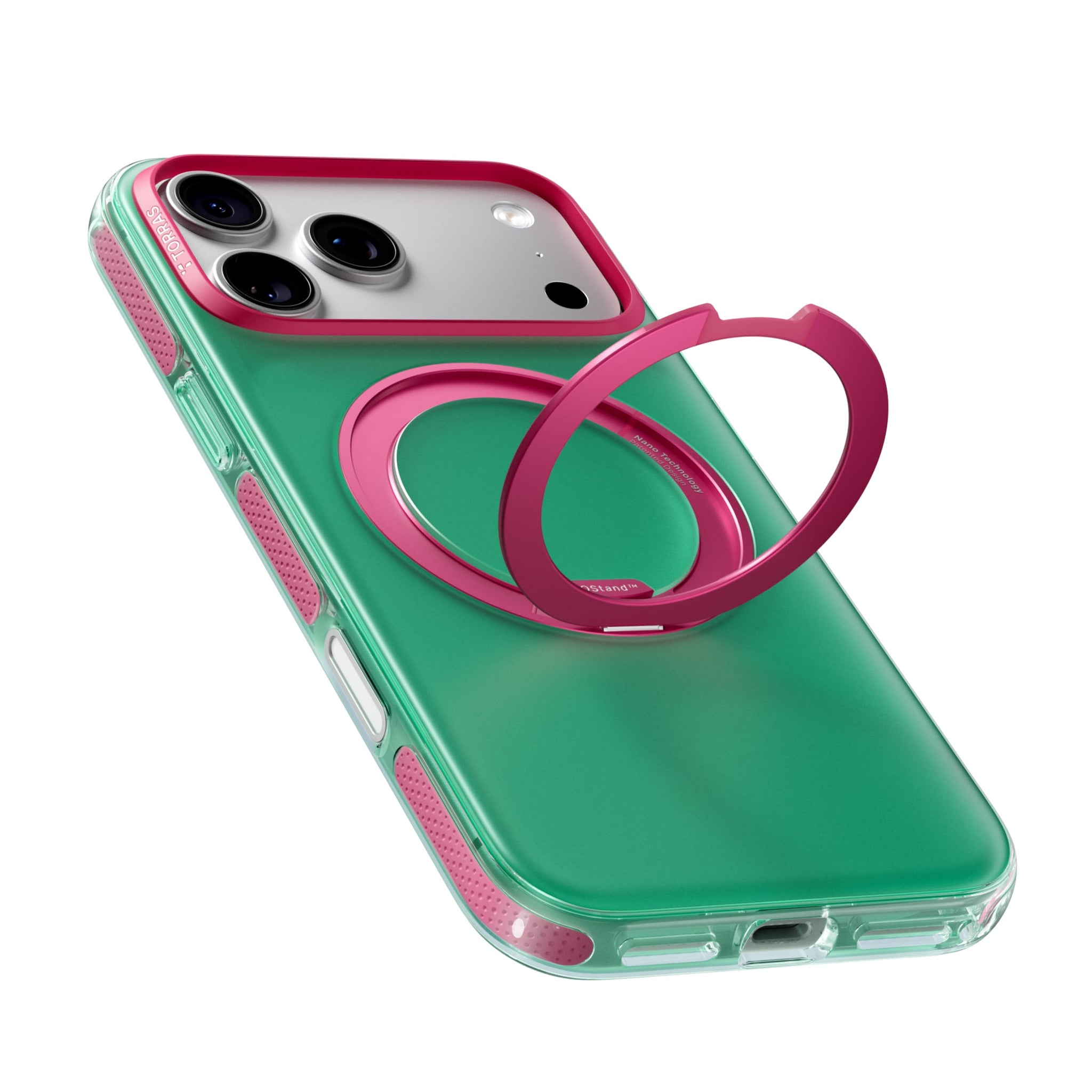 TORRAS Ostand O3 Hue ケース iPhone 18 Pro/Pro Max 対応、グリーンケースにピンクのリングStandを立てた斜めビュー。