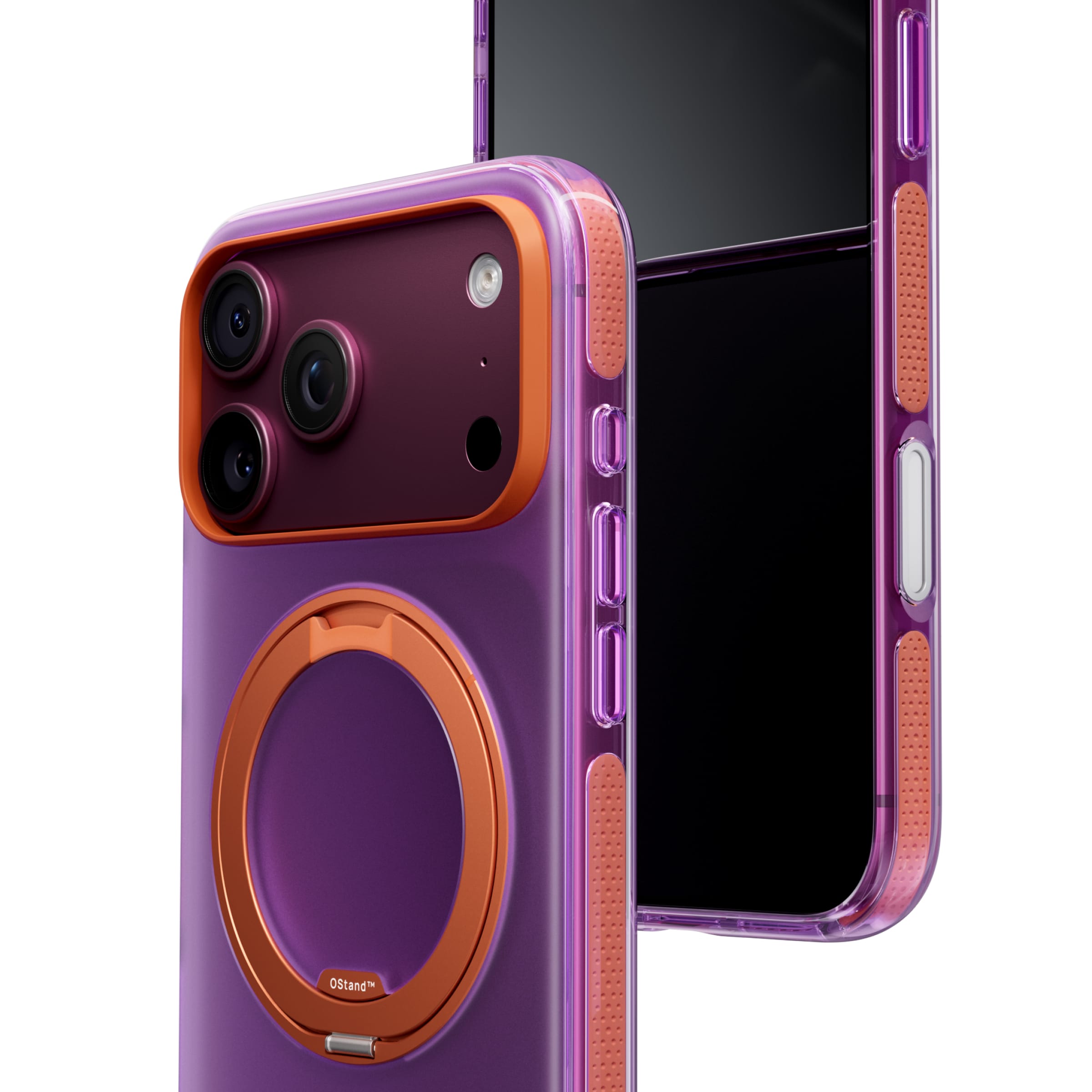 TORRAS Ostand O3 Hue ケース iPhone 18 Pro/Pro Max 対応、パープルケースにオレンジのリングStandを立てた背面视图。