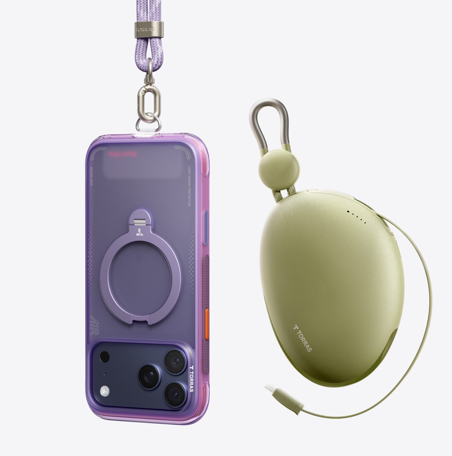 TORRAS Ostand Q3 Air ケース iPhone 18 Pro/Pro Max 対応、パープルのクリアケースにAirPodsケースとランヤードが付属したライフスタイルシーン。