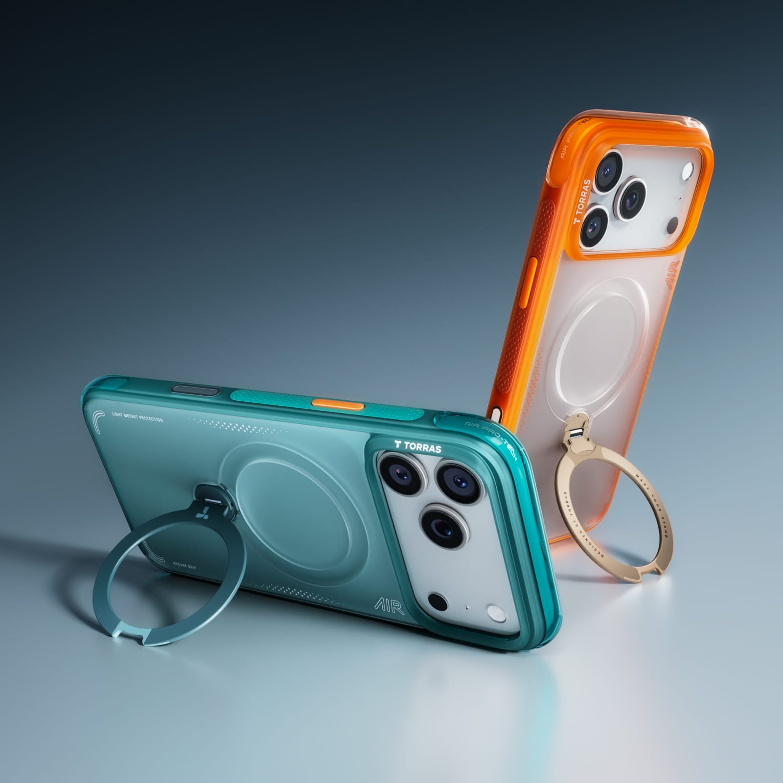TORRAS Ostand Q3 Air ケース iPhone 18 Pro/Pro Max 対応、オレンジとダークグリーンの2色ケースが並ぶバリエーション展開。