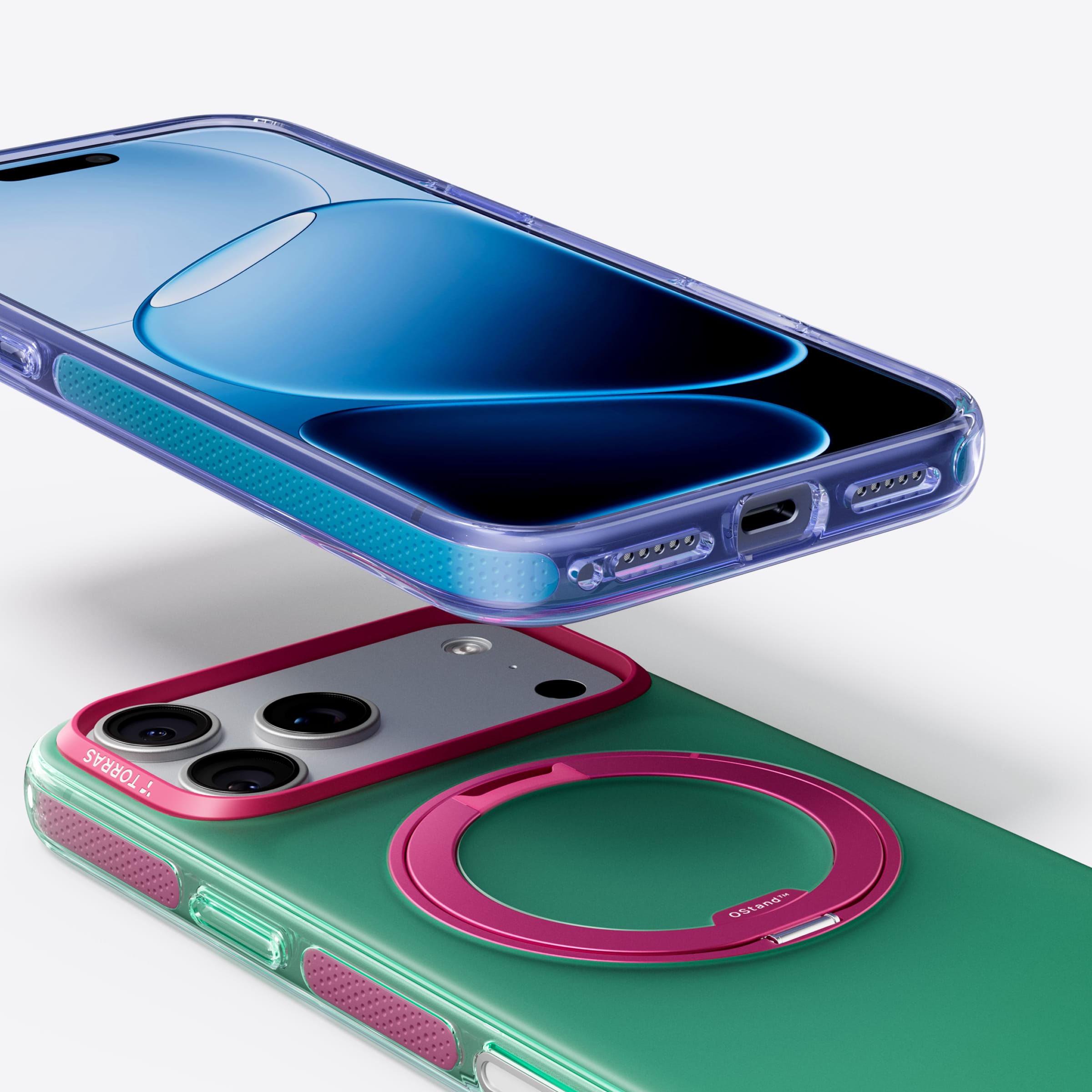 TORRAS Ostand O3 Hue ケース iPhone 18 Pro/Pro Max 対応、青の背面とピンク×グリーンの前面、2色ケースの斜めビュー。