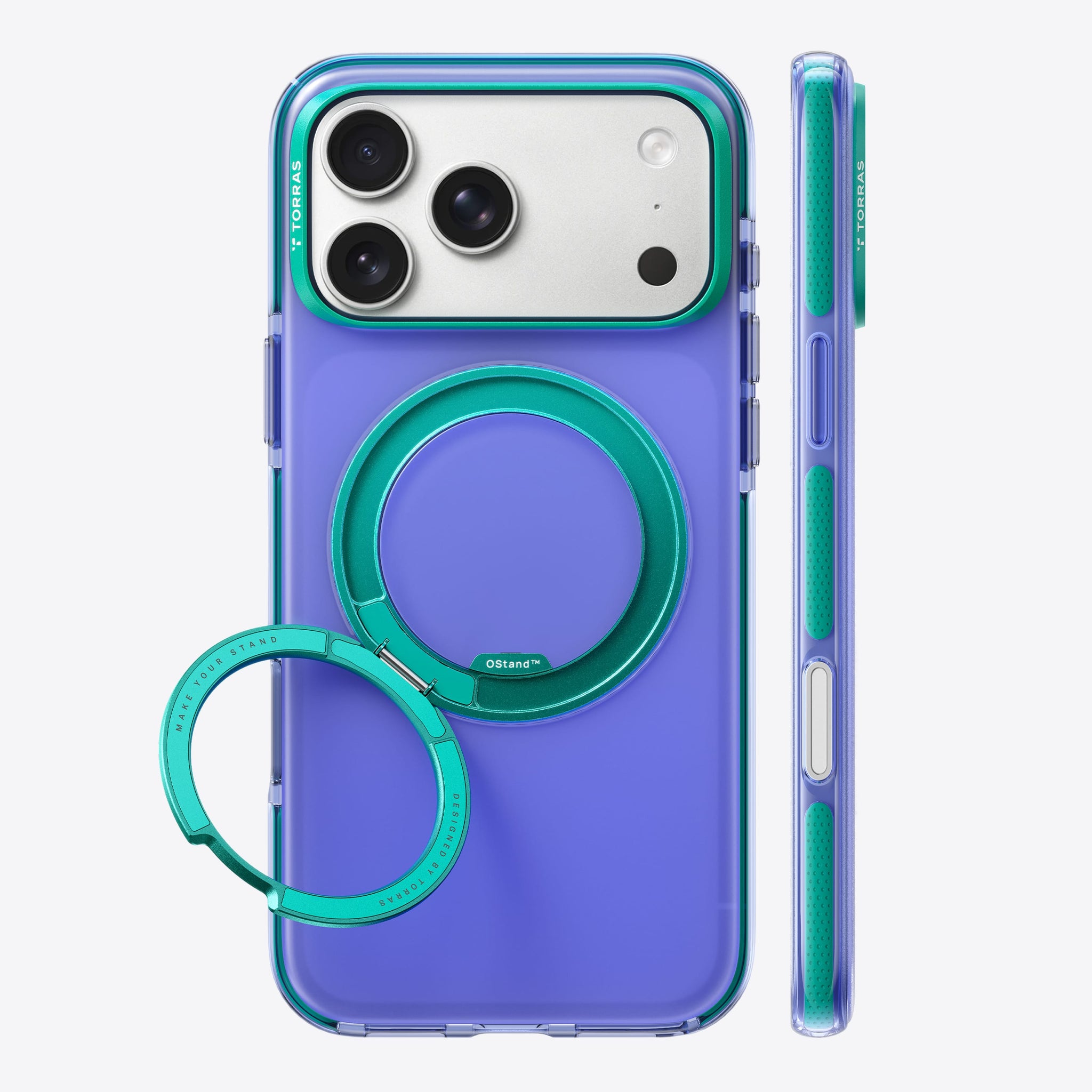 TORRAS Ostand O3 Hue ケース iPhone 18 Pro/Pro Max 対応、パープル2色ケースが並べて展示されるスタジオビュー。