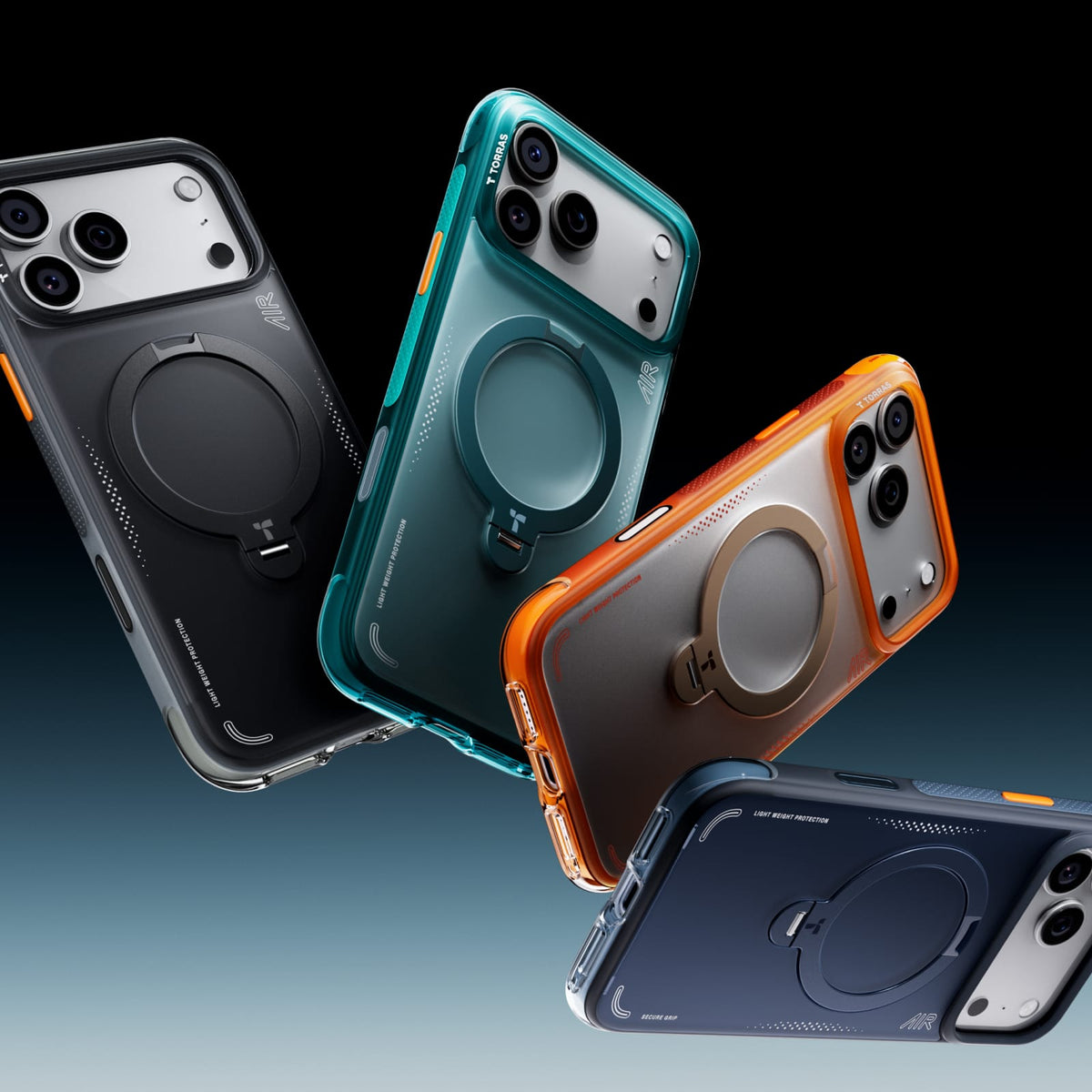 TORRAS Ostand Q3 Air ケース iPhone 18 Pro/Pro Max 対応、ダークグリーン、ブルー、オレンジの3色ケースが斜めに重なるバリエーション。