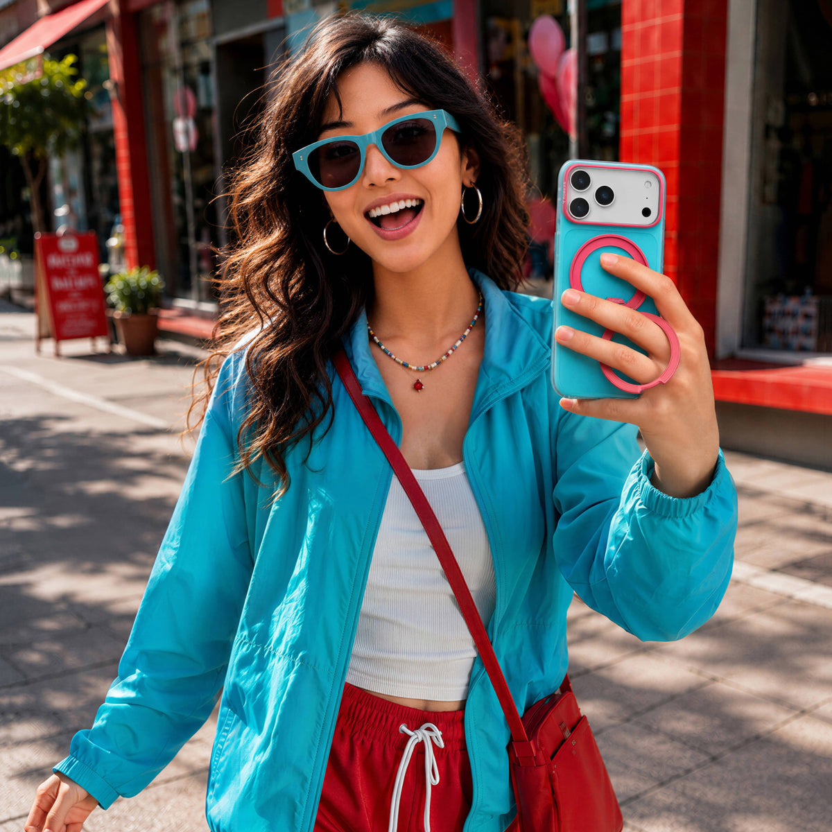 TORRAS Ostand O3 Hue ケース iPhone 18 Pro/Pro Max 対応、ターコイズのカーディガンの女性が屋外でセルフィー、オレンジストラップ付き。