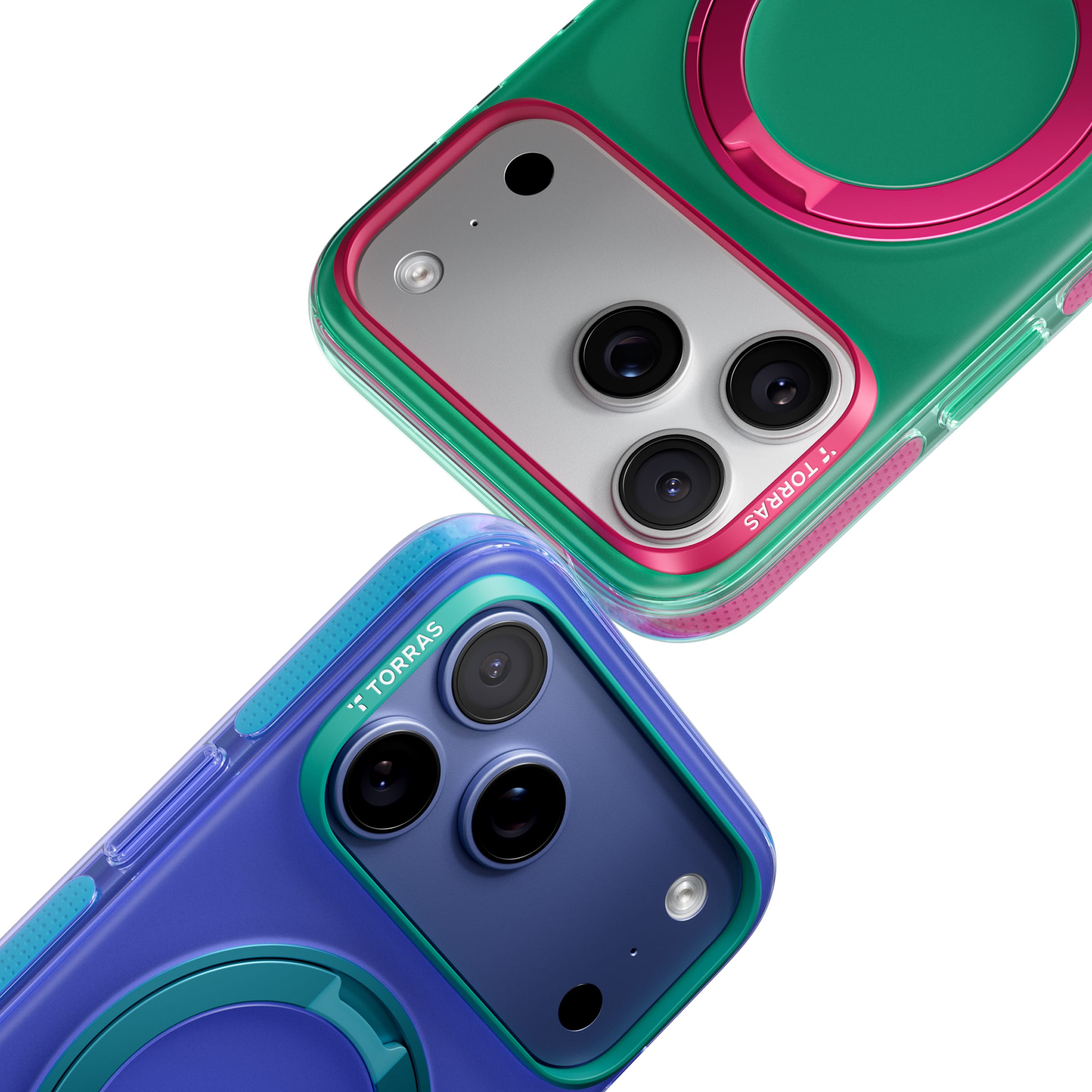 TORRAS Ostand O3 Hue ケース iPhone 18 Pro/Pro Max 対応、ブルーとグリーンの2色ケースが重なった背面ビュー。