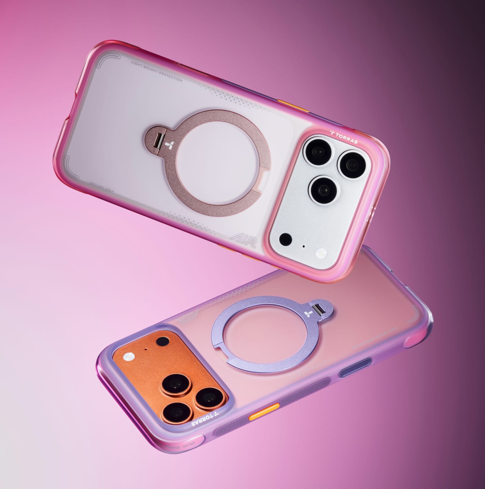TORRAS Ostand Q3 Air ケース iPhone 18 Pro/Pro Max 対応、ピンクのクリアケースが花柄の背景に浮かぶバリエーション。