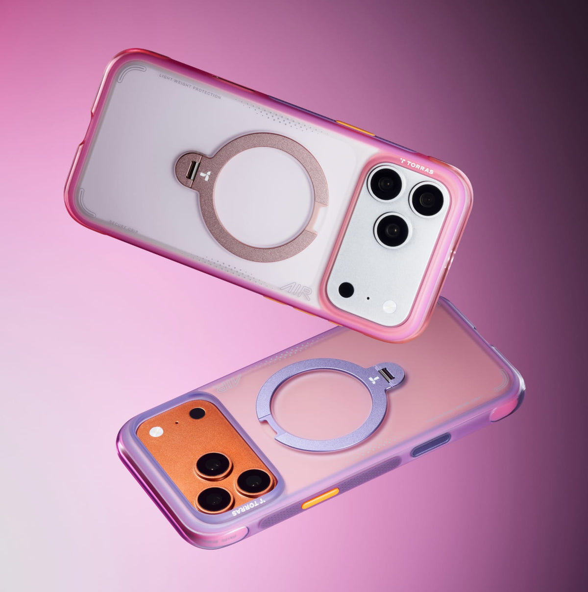 TORRAS Ostand Q3 Air ケース iPhone 18 Pro/Pro Max 対応、ピンクのクリアケースが花柄の背景に浮かぶバリエーション。