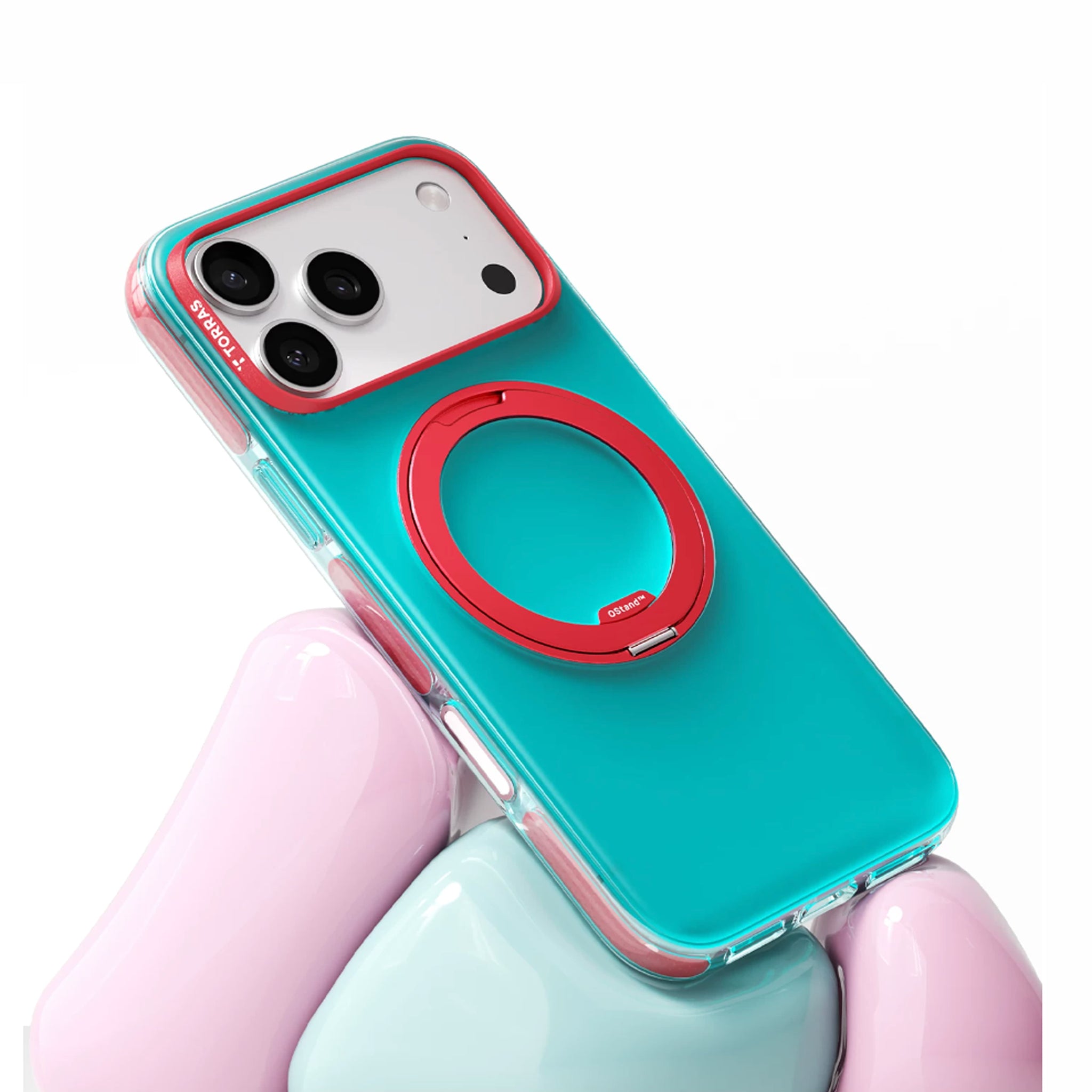 TORRAS Ostand O3 Hue ケース iPhone 18 Pro/Pro Max 対応、パープルのクリアケースにティールのリングStandを立てた側面ビュー。