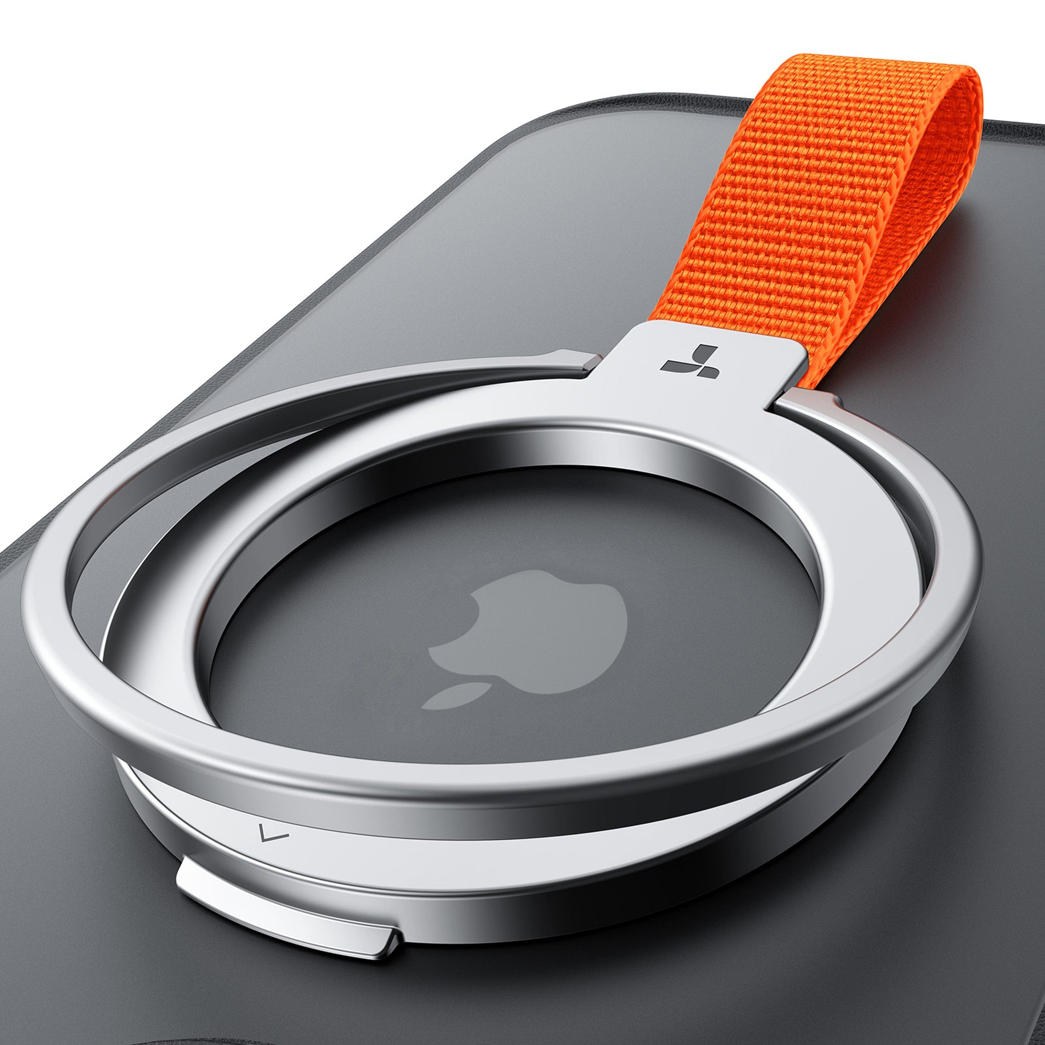 OmniRing スマートフォンリング：オレンジ色のファブリックストラップを備えたシルバーメタリックリング