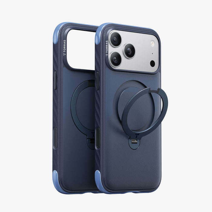 TORRAS Ostand Q3 Rugg ケース iPhone 18 Pro/Pro Max 対応、ホワイト×ブルーの2色ケースが並ぶバリエーション展開。
