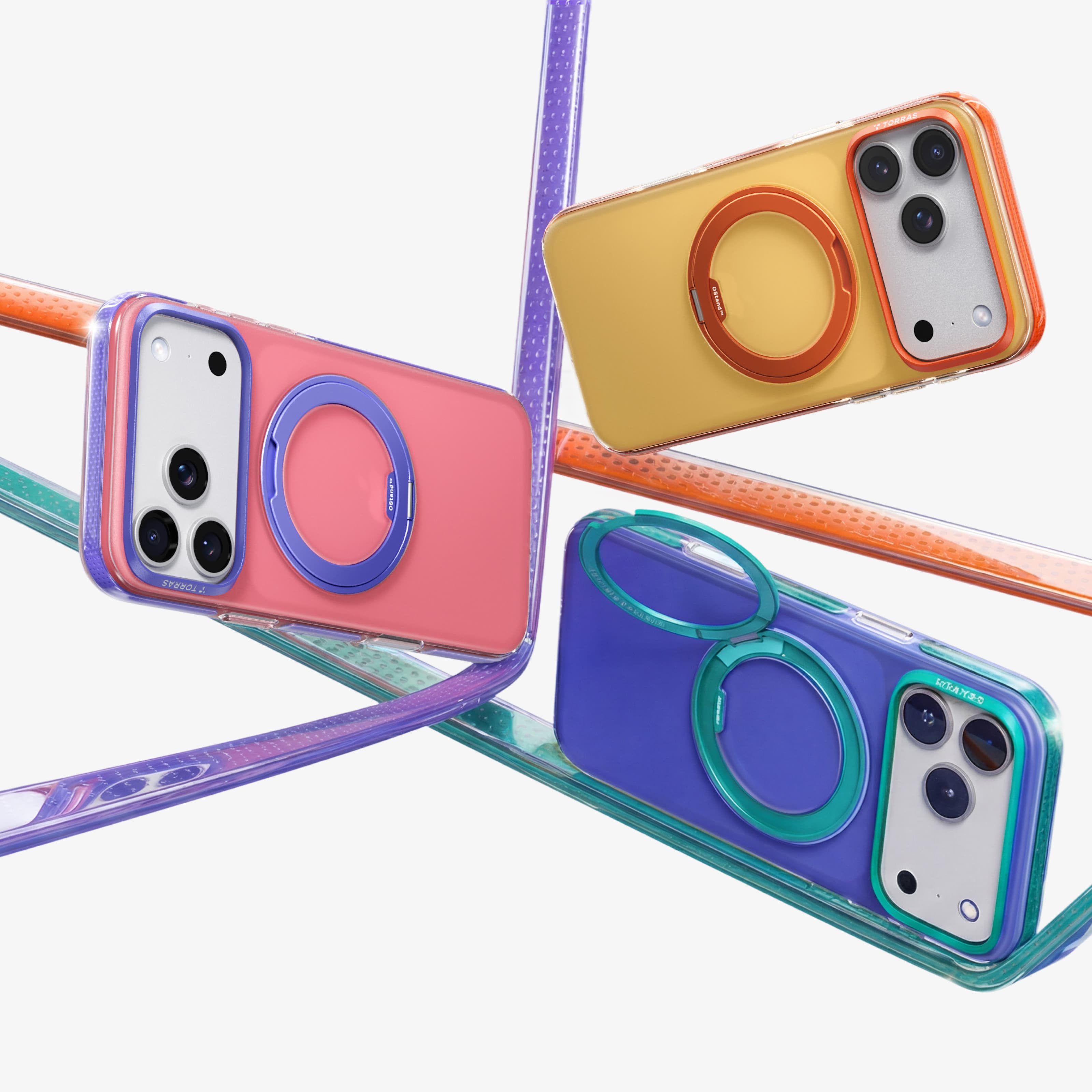 TORRAS Ostand O3 Hue ケース iPhone 18 Pro/Pro Max 対応、イエロー、ブルー、ピンクの3色ケースがランヤード付きで並ぶ展開。