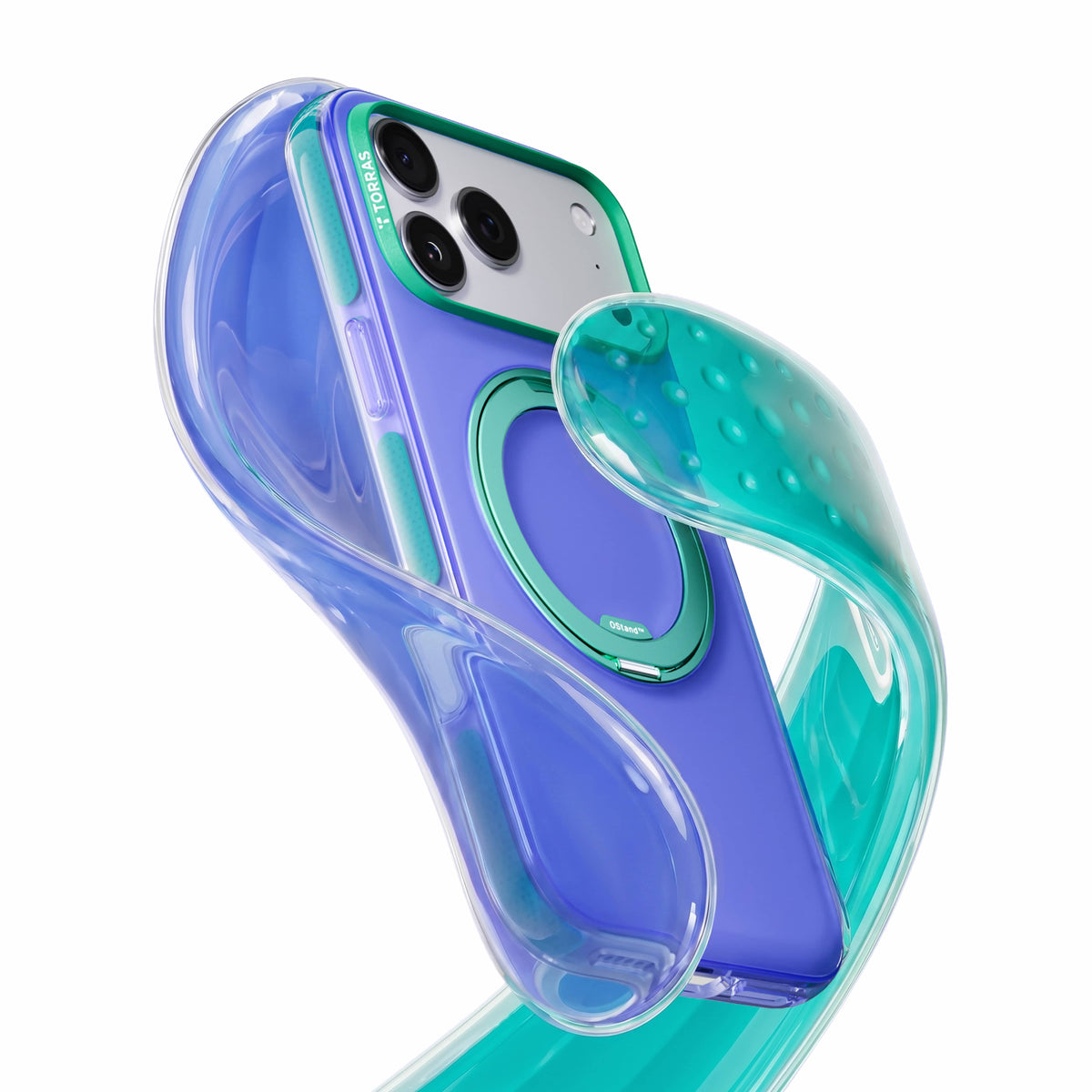 TORRAS Ostand O3 Hue ケース iPhone 18 Pro/Pro Max 対応、パープルのクリアケースとブルーのクリアケースが重なる透明感ある展開。