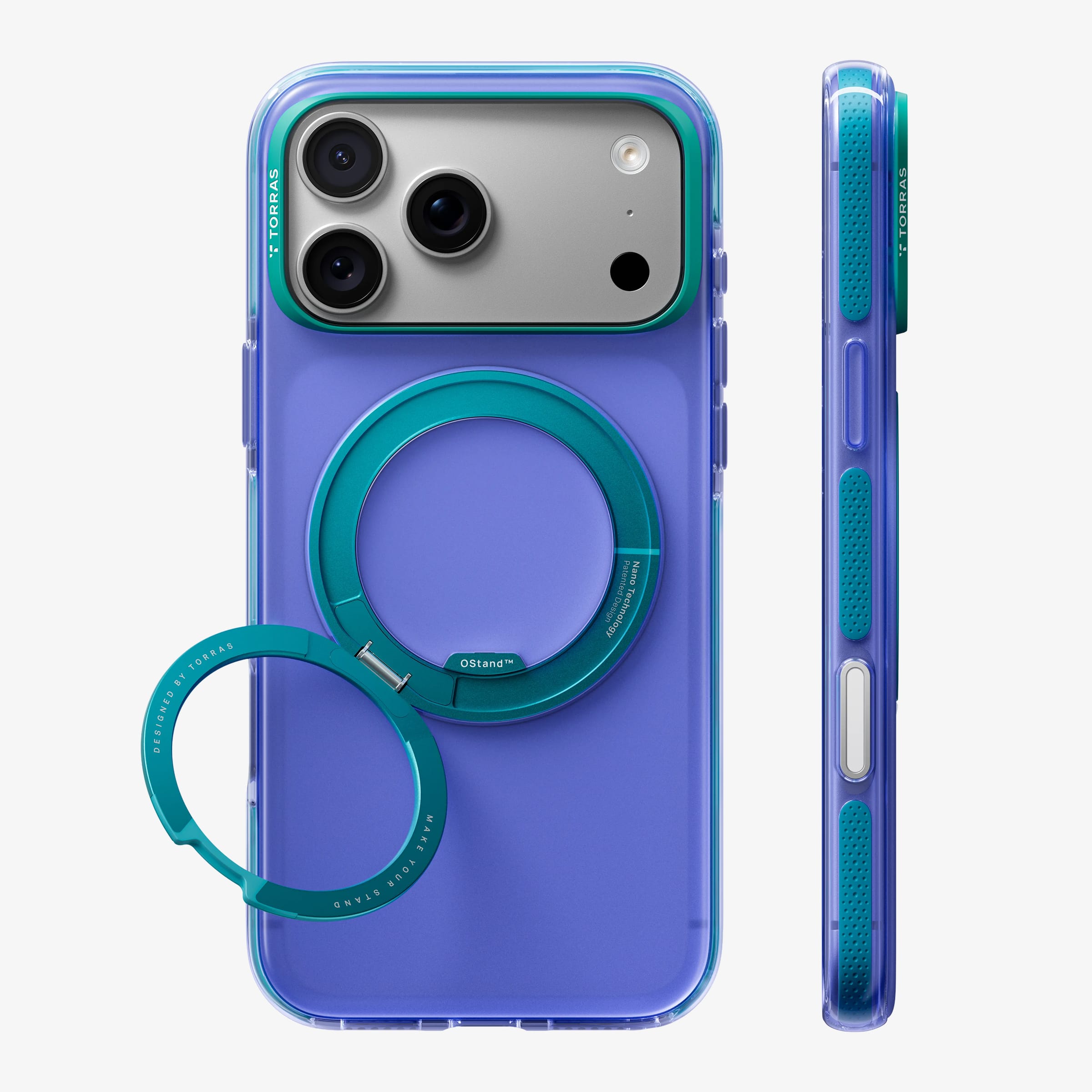 TORRAS Ostand O3 Hue ケース iPhone 18 Pro/Pro Max 対応、パープルケースにオレンジのリングStandを立てた背面ビュー。