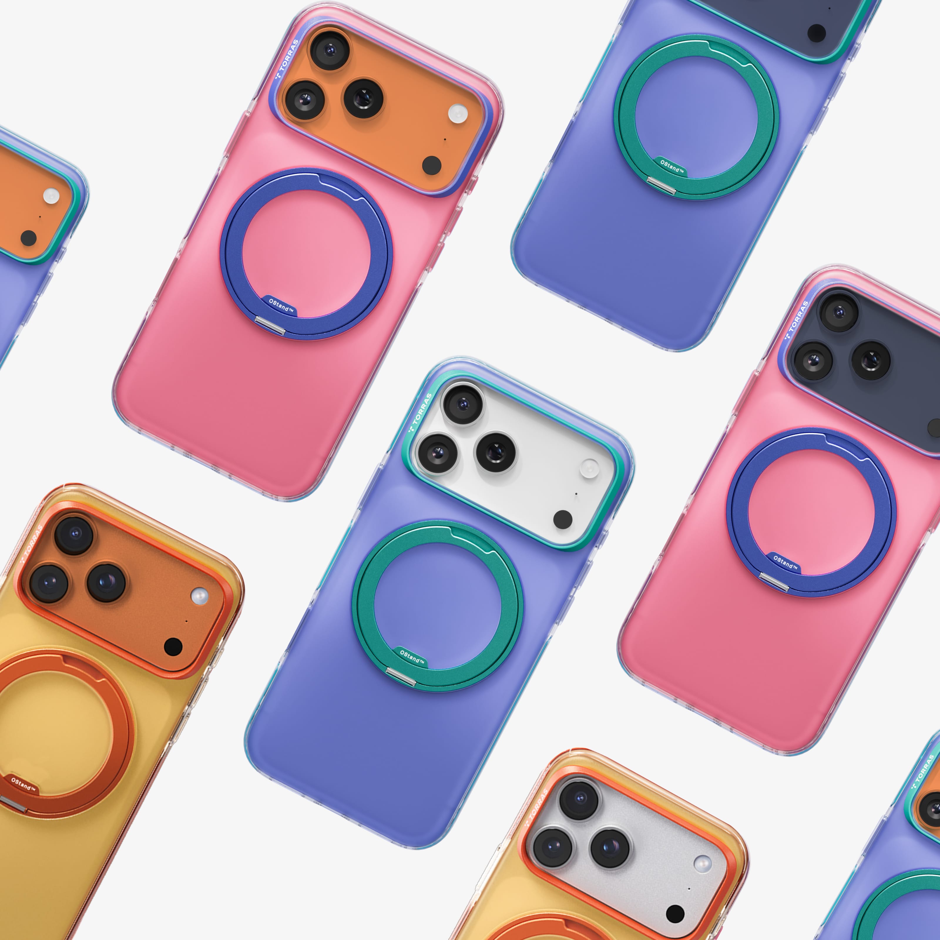 TORRAS Ostand O3 Hue ケース iPhone 18 Pro/Pro Max 対応、ピンク、パープル、ブルー、オレンジの複数色ケースが散りばめられたバリエーション展開。