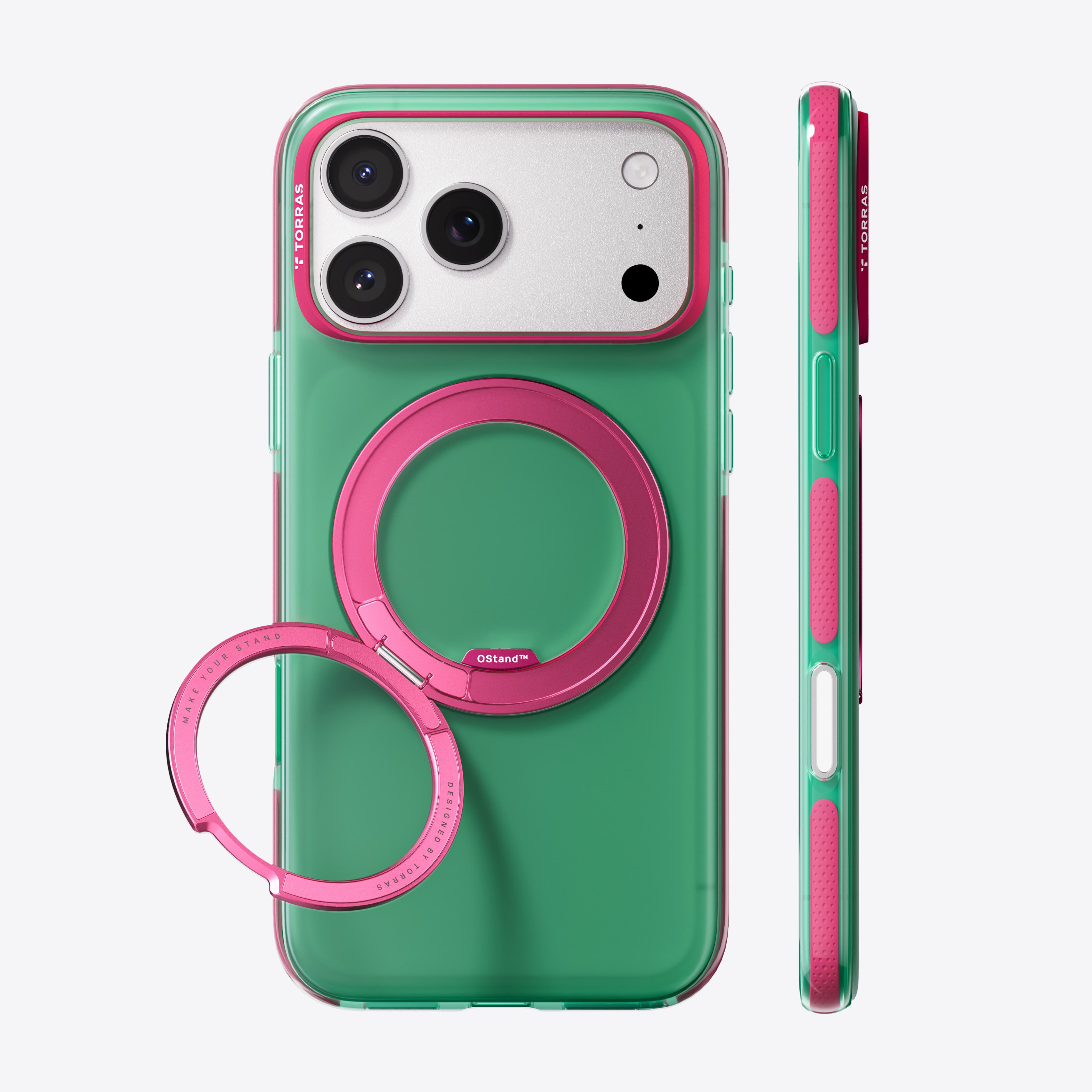 TORRAS Ostand O3 Hue ケース iPhone 18 Pro/Pro Max 対応、グリーンケースにピンクのリングが立ったサイドビュー。