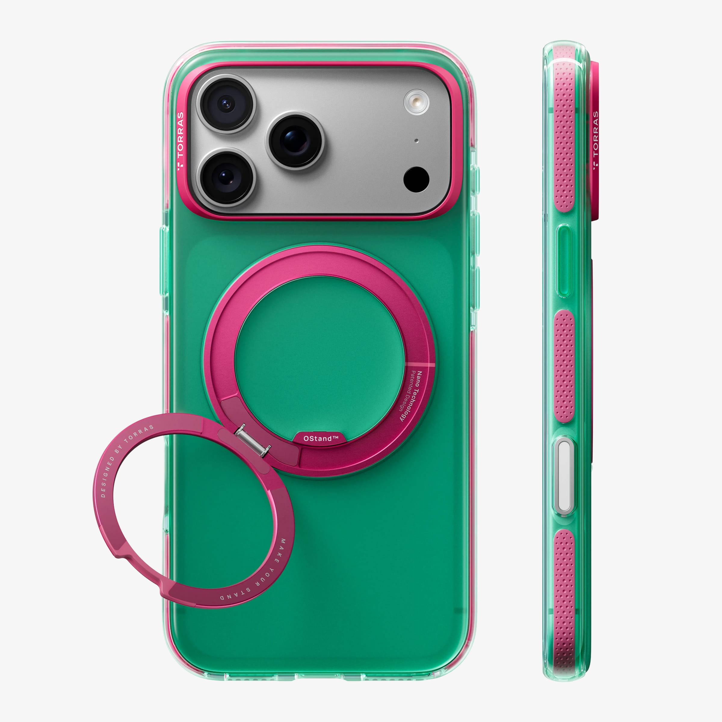 TORRAS Ostand O3 Hue ケース iPhone 18 Pro/Pro Max 対応、パープルケースにオレンジのリングStandを立てた背面ビュー。