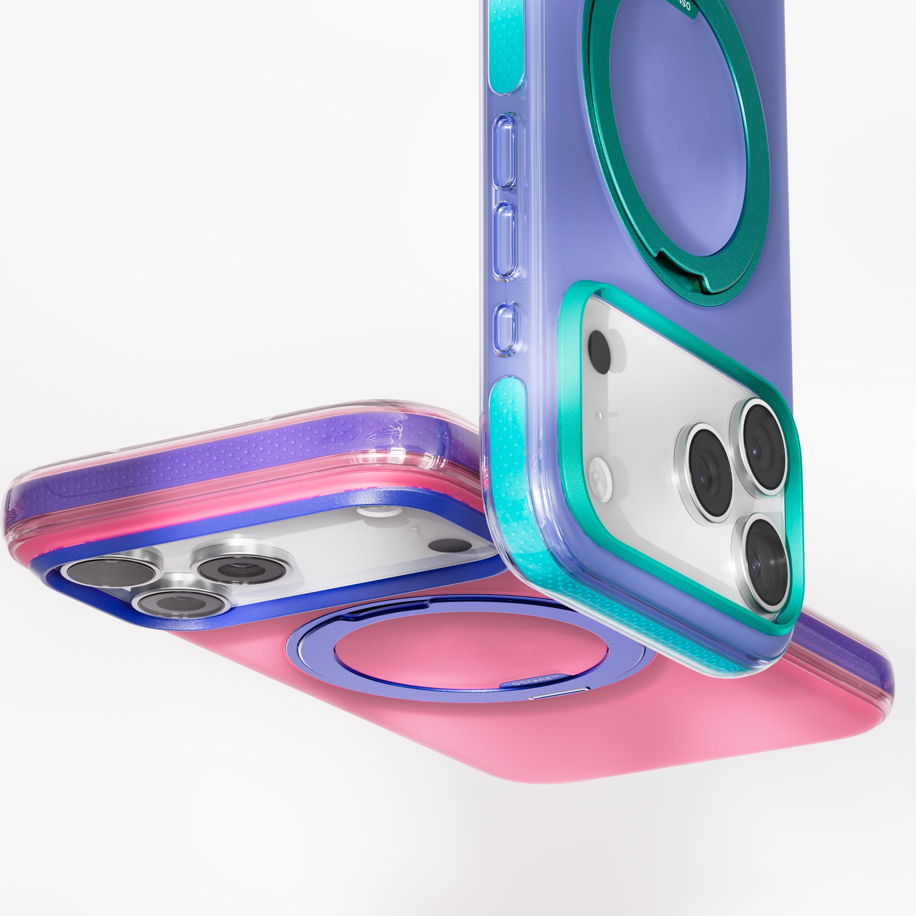TORRAS Ostand O3 Hue ケース iPhone 18 Pro/Pro Max 対応、ピンクとブルーの2色ケースが斜め視点で重なる展開。
