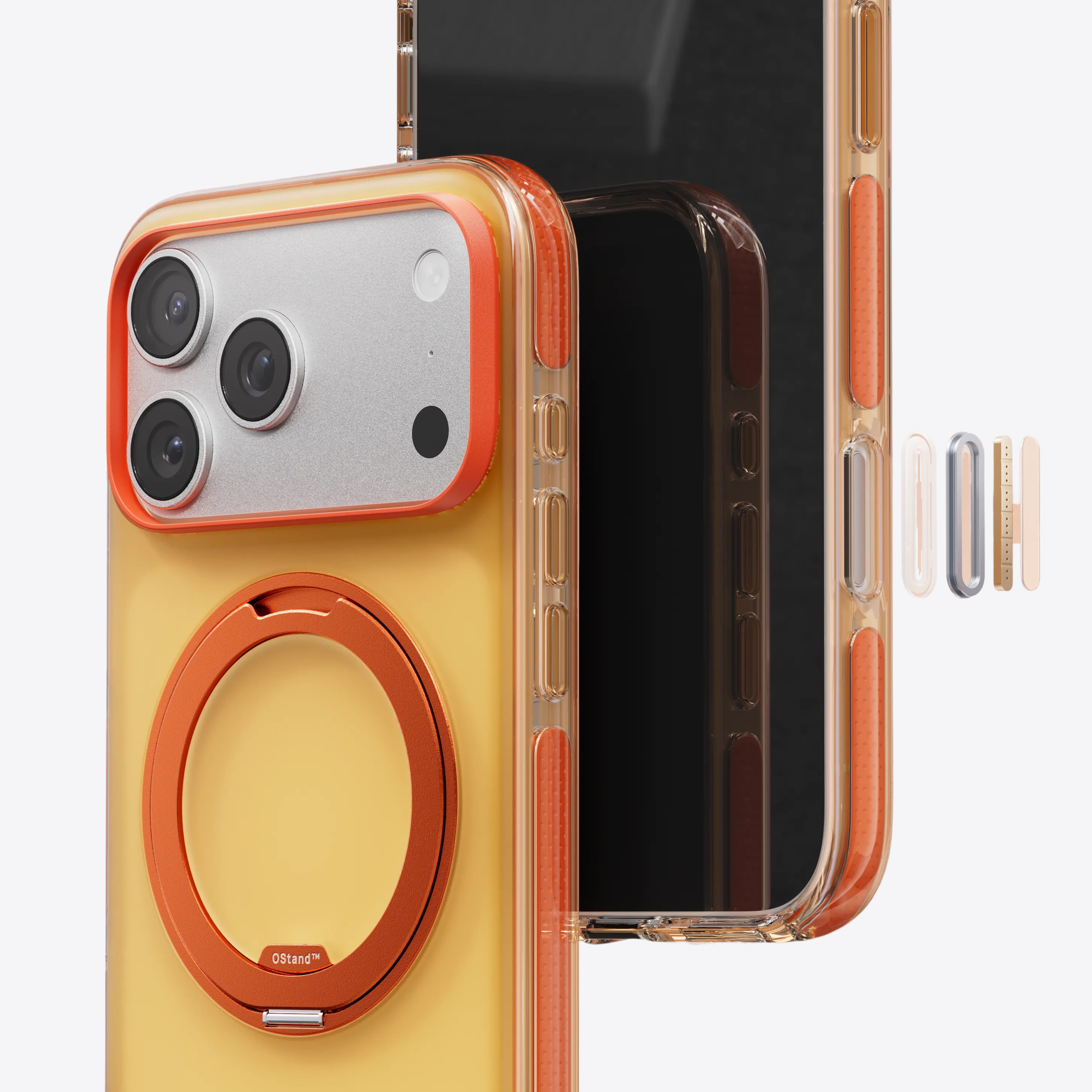 TORRAS Ostand O3 Hue ケース iPhone 18 Pro/Pro Max 対応、オレンジケースにイエローのリングStandを立てた背面ビュー。