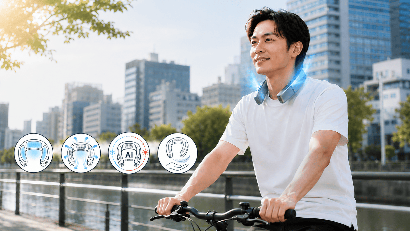 TORRAS COOLiFY Cyber Fold portable neck air conditioner featuring wide-area cooling, cooling airflow, hot and cold modes, and lightweight portability.
