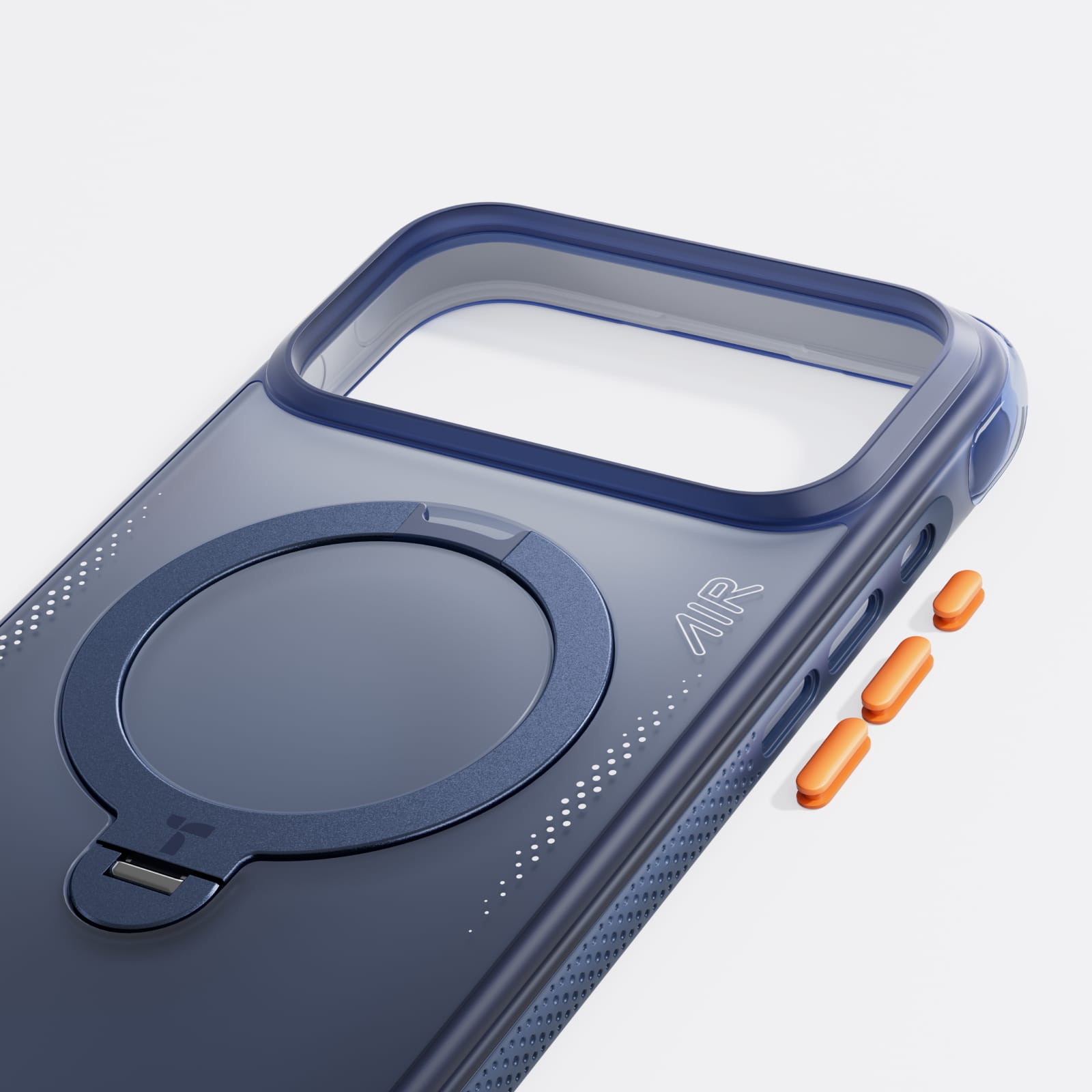 TORRAS Ostand Q3 Air ケース iPhone 18 Pro/Pro Max 対応、オレンジのクリアケースがノートパソコンの横に置かれたライフスタイルシーン。