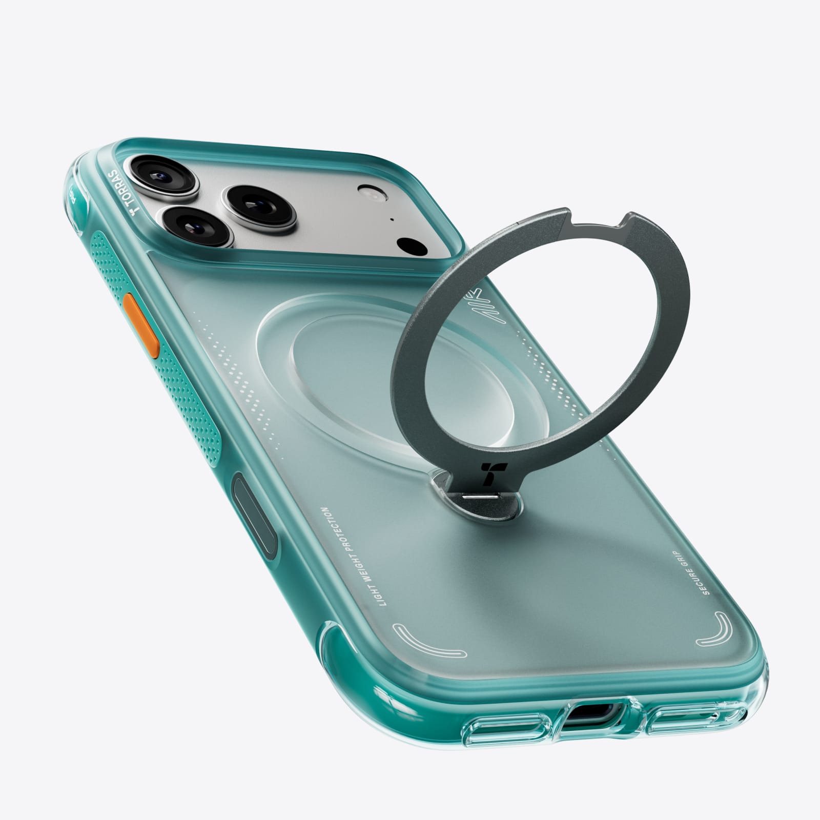 TORRAS Ostand Q3 Air ケース iPhone 18 Pro/Pro Max 対応、ダークグリーンのクリアケースにブラックのリングStandを立てた斜めビュー。