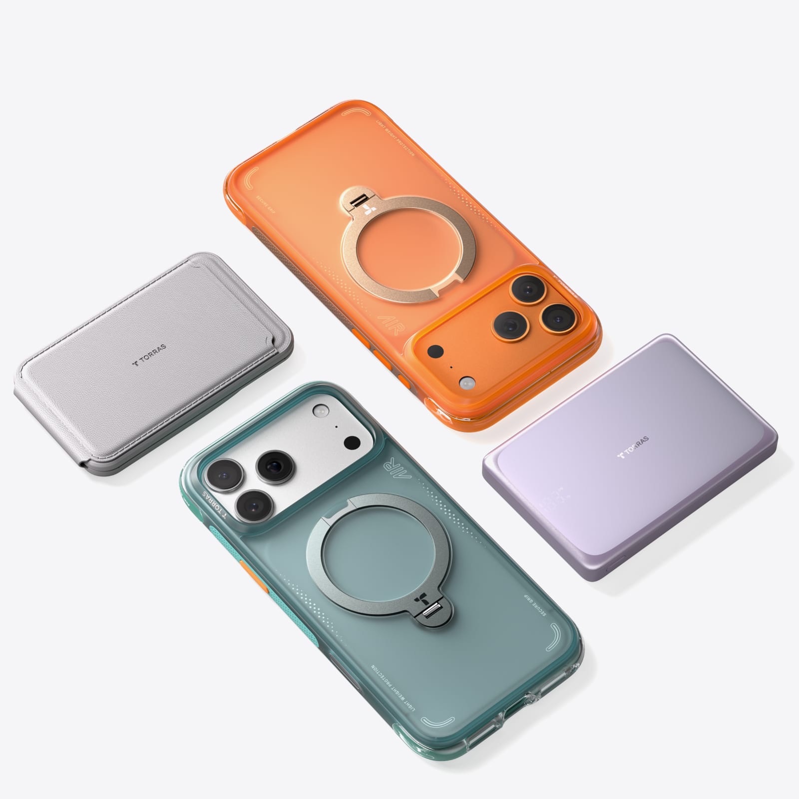 TORRAS Ostand Q3 Air ケース iPhone 18 Pro/Pro Max 対応、ピンク、オレンジ、グレー、パープルの4色ケースが並ぶバリエーション展開。